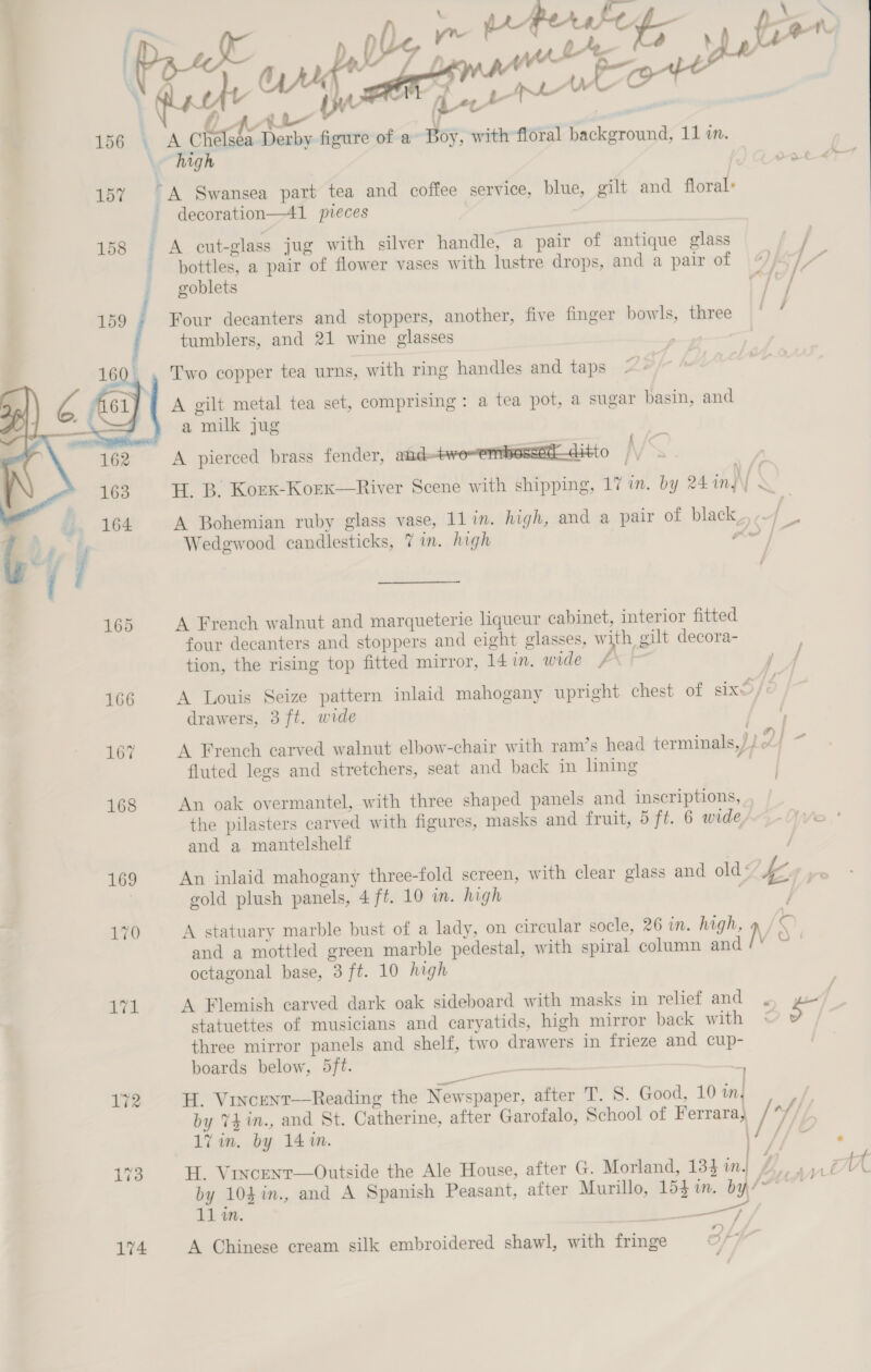   i A fe LS | | Pra DOYS pa rss &amp; yur a : Aw rs | 156 A Chelséa Derby figure of a Boy, with floral background, 11 in. high aan er 157 TA Swansea part tea and coffee service, blue, gilt and floral: _ decoration—41 pieces 158 ; A cut-glass jug with silver handle, a pair of antique glass ; / - pottles, a pair of flower vases with lustre drops, and a pair of |2-o] ~ goblets Af / 159 Four decanters and stoppers, another, five finger bowls, three if tumblers, and 21 wine glasses __ Two copper tea urns, with ring handles and taps = | A gilt metal tea set, comprising: a tea pot, a sugar basin, and a milk jug  A pierced brass fender, atd—twe tO H. B. Korx-Korx—River Scene with shipping, 17 in. by 24 in, | \ | A Bohemian ruby glass vase, 11 in. high, and a pair of black_. -. i. Wedgwood candlesticks, 7 in. high no }*  165 A French walnut and marqueterie liqueur cabinet, interior fitted four decanters and stoppers and eight glasses, with, gilt decora- tion, the rising top fitted mirror, 14 in. wide J 166 A Louis Seize pattern inlaid mahogany upright chest of sixS/O drawers, 3 ft. wide 7 a } : 167 A French carved walnut elbow-chair with ram’s head terminals, }} fF fluted legs and stretchers, seat and back in lining 168 An oak overmantel, with three shaped panels and inscriptions, the pilasters carved with figures, masks and fruit, 5 ft. 6 wideA7- ve * and a mantelshelt 169 An inlaid mahogany three-fold screen, with clear glass and old « tk gold plush panels, 4 ft. 10 in. high 170 A statuary marble bust of a lady, on circular socle, 26 in. high, N c and a mottled green marble pedestal, with spiral column and /¥ © ' octagonal base, 3 ft. 10 high Tih A Flemish carved dark oak sideboard with masks in relief and ,. yes statuettes of musicians and caryatids, high mirror back with < e three mirror panels and shelf, two drawers in frieze and cup- boards below, 5ft. 172 H. Vincent—Reading the Newspaper, after T. S. Good, 10 i, by t4in., and St. Catherine, after Garofalo, School of Ferrara, / af) / 17 in. by 14 in. \/ / 173 H. Vincent—Outside the Ale House, after G. Morland, 133 Mm. j ee tt by 104%in., and A Spanish Peasant, after Murillo, 154 in. by/~ 11 in | af, Pe an y — 174 A Chinese cream silk embroidered shawl, with fringe