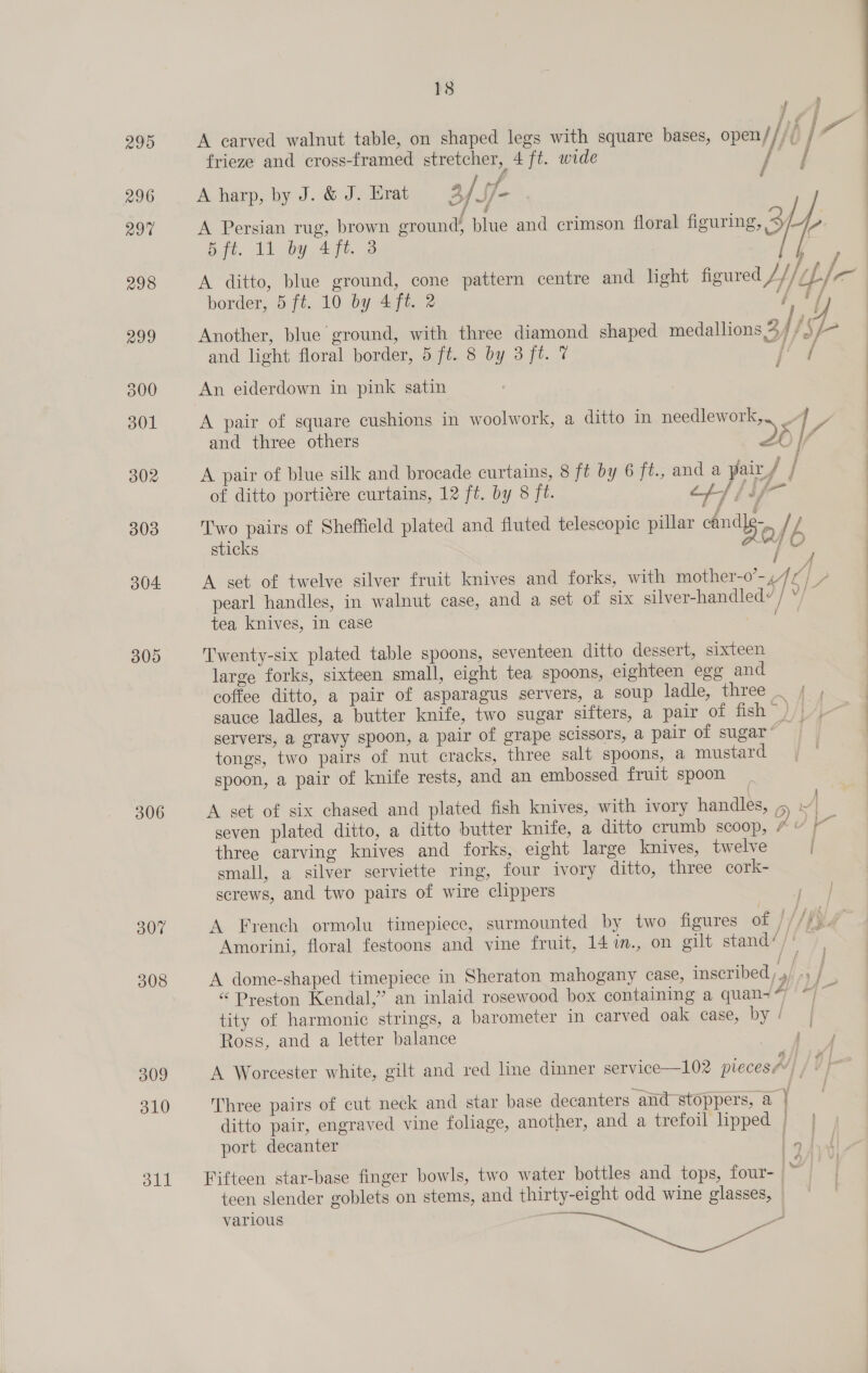 295 296 29% 298 299 300 301 302 303 304 305 306 307 308 309 31l0 Bll 18 A carved walnut table, on shaped legs with square bases, open/ He / ie frieze and cross-framed stretcher, 4 ft. wide ff f f A harp, by J. &amp; J. Erat 3/ ff- | A Persian rug, brown ground, blue and crimson floral figuring, Sy Lp 5ft. 11 by 4ft. 3 ae A ditto, blue ground, cone pattern centre and light figured J Lief. iim border, 5 ft. 10 by 4 ft. 2 fT} py Another, blue ground, with three diamond shaped medallions 4 {{Sf- and light floral border, 5 ft. 8 by 3 ft. 7 a | i An eiderdown in pink satin A pair of square cushions in woolwork, a ditto in needlework, ] &gt; and three others py; | fo A pair of blue silk and brocade curtains, 8 ft by 6 ft., and a pair,/ / of ditto portiére curtains, 12 ft. by 8 ft. tt} / [f-- a a Two pairs of Sheffield plated and fluted telescopic pillar candy / / sticks QO if A set of twelve silver fruit knives and forks, with mother-o’-,/// - pearl handles, in walnut case, and a set of six silver-handled? / ¥/— tea knives, in case o. Twenty-six plated table spoons, seventeen ditto dessert, sixteen large forks, sixteen small, eight tea spoons, eighteen egg and coffee ditto, a pair of asparagus servers, a soup ladle, thres= sauce ladles, a butter knife, two sugar sifters, a pair of fish Behe servers, a gravy spoon, a pair of grape scissors, a pair of sugar’ tongs, two pairs of nut cracks, three salt spoons, a mustard spoon, a pair of knife rests, and an embossed fruit spoon A set of six chased and plated fish knives, with ivory handles, 6) * : seven plated ditto, a ditto butter knife, a ditto crumb scoop, #/” ~~ three carving knives and forks, eight large knives, twelve { small, a silver serviette ring, four ivory ditto, three cork- screws, and two pairs of wire clippers A French ormolu timepiece, surmounted by two figures of ///feF- Amorini, floral festoons and vine fruit, 14%im., on gilt stands] 7. A dome-shaped timepiece in Sheraton mahogany case, inscribed, » | “ Preston Kendal,” an inlaid rosewood box containing a quan~“ * ¥ tity of harmonic strings, a barometer in carved oak case, by/ | Ross, and a letter balance . iif A Worcester white, gilt and red line dinner service—102 pieces’) , Y | Three pairs of cut neck and star base decanters and stoppers, a Y ditto pair, engraved vine foliage, another, and a trefoil lipped |} port decanter Ly Fifteen star-base finger bowls, two water bottles and tops, four- he | teen slender goblets on stems, and thirty-eight odd wine glasses, various asl oa ih eae a