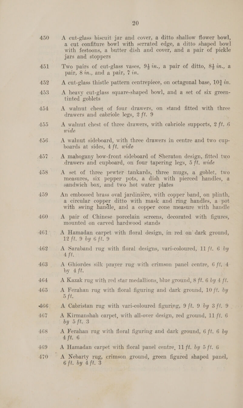 450 459 460 462 463 464 465 466 467 468 469 470 20 A eut-glass biscuit jar and cover, a ditto shallow flower bowl, a cut confiture bowl with serrated edge, a ditto shaped bowl with festoons, a butter dish and cover, and a pair of pickle jars and stoppers Two pairs of cut-glass vases, 94%n., a pair of ditto, 84in., a pair, 81n., and a pair, 7 in. A cut-glass thistle pattern centrepiece, on octagonal base, 10% in. A heavy cut-glass square-shaped bowl, and a set of six green- tinted goblets A walnut chest of four drawers, on stand fitted with three drawers and cabriole legs, 2 ft. 9 A walnut chest of three drawers, with cabriole supports, 2 ft. 6 wide A walnut sideboard, with three drawers in centre and two cup- boards at sides, 4 ft. wide A mahogany bow-front sideboard of Sheraton design, fitted two drawers and cupboard, on four tapering legs, 5 ft. wide A set of three pewter tankards, three mugs, a goblet, two measures, six pepper pots, a dish with pierced handles, a sandwich box, and two hot water plates | An embossed brass oval jardiniere, with copper band, on plinth, a circular copper ditto with mask and ring handles, a pot with swing handle, and a copper cone measure with handle A pair of Chinese porcelain screens, decorated with figures, mounted on carved hardwood stands A Hamadan carpet with floral design, in red on’ dark ground, bet Oy 6 ft 8 A Saraband rug with floral designs, vari-coloured, 11 /t. 6 by 4 ft. | A Ghiordes silk prayer rug with crimson panel centre, 6 ff. 4: by 4 ft. A Kazak rug with red star medallions, blue ground, 8 ft. 6 by 4 ft. A Ferahan rug with floral figuring and dark ground, 10 ft. by 5 ft. A Cabristan rug with vari-coloured figuring, 9 ft. 9 by 3 ft. 9 A Kirmanshah carpet, with all-over design, red ground, 11 ft. 6 by 5 ft..3 A Ferahan rug with floral figuring and dark ground, 6 ft. 6 by 4 ft. 6 A Hamadan carpet with floral panel centre, 11 ft. by 5 ft. 6