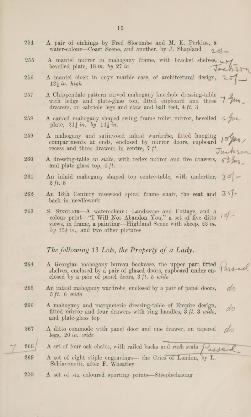 264 260 15 A pair of etchings by Fred Slocombe and M. E. Perkins, a water-colour—Coast Scene, and another, by J. Shapland oe A mantel mirror in mahogany frame, with bracket shelves, « bevelled plate, 18 in. by 27 in. re As m A mantel clock in onyx marble case, of architectural design, %\ a 124 im. high A Chippendale pattern carved mahogany kneehole dressing-table with ledge and plate-glass top, fitted cupboard and three t 4a. = drawers, on cabriole legs and claw and ball feet, 4 ft. 3 b A carved mahogany shaped swing frame toilet mirror, bevelled 2% fr, plate, 21d. by 144 i. A mahogany and satinwood inlaid wardrobe, ‘fitted hanging x4 compartments at ends, enclosed by mirror doors, cupboard } Vi 7 recess and three drawers in centre, 7 ft. ae 4, bead A dressing-table en suite, with reflex mirror and five drawers, 5 ‘+. uy, and plate glass top, 4 ft. An inlaid mahogany shaped top centre-table, with undertier, 2° | _ 2 ft. 8 An 18th Century rosewood spiral frame chair, the seat and &lt;3 aE back in needlework S. Sryciatr—A watercolour: Landscape and Cottage, and a 5 colour print—“I Will Not Abandon You,” a set of five ditto / ' views, in frame, a painting—Highland Scene with sheep, 22 in. by 354 in., and two other pictures The following 13 Lots, the Property of a Lady. A Georgian mahogany bureau bookcase, the upper part fitted () me shelves, enclosed by a pair of glazed doors, cupboard under en- ') ad closed by a pair of panel doors, 3 ft. 5 wide An inlaid mahogany wardrobe, enclosed by a pair of panel doors, wr 5 ft. 6 wide A mahogany and marqueterie dressing-table of Empire design, fitted mirror and four drawers with ring handles, 3 ft. 3 wide, and plate-glass top A ditto commode with panel door and one drawer, on tapered te legs, 20 in. wide nd rush seats FO_, A set of four oak chairs, with railed backs and rush seats 4a od pe of A set of eight stiple engravings— the Criesof London, by L. Schiavonetti, after F. Wheatley A set of six coloured sporting prints—Steeplechasing