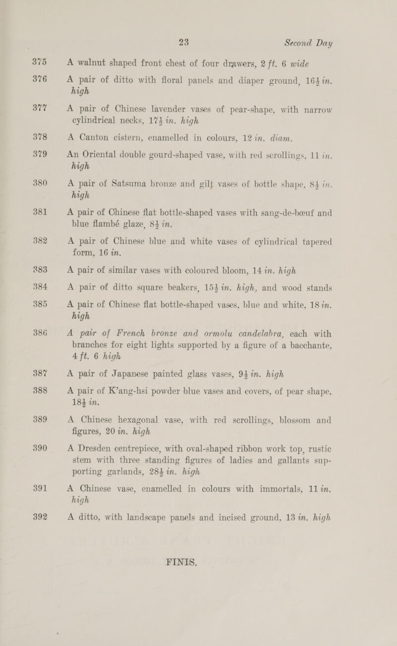 375 376 377 378 379 380 381 382 883 384 385 386 387 388 389 390 391 392 23 Second Day A walnut shaped front chest of four drawers, 2 ft. 6 wide A pair of ditto with floral panels and diaper ground, 164%n. high A pair of Chinese lavender vases of pear-shape, with narrow cylindrical necks, 174 in. high A Canton cistern, enamelled in colours, 12 in. diam. An Oriental double gourd-shaped vase, with red scrollings, 11 in, high A pair of Satsuma bronze and gilt vases of bottle shape, 8$ in. high A pair of Chinese flat bottle-shaped vases with sang-de-hceuf and blue flambé glaze, 84 in. A pair of Chinese blue and white vases of cylindrical tapered form, 16 in. A pair of similar vases with coloured bloom, 14 in. high A pair of ditto square beakers, 1541. high, and wood stands A pair of Chinese flat bottle-shaped vases, blue and white, 18 in. high A pair of French bronze and ormolu candelabra, each with branches for eight lights supported by a figure of a bacchante, 4 ft. 6 high A pair of Japanese painted glass vases, 94 in. high A pair of K’ang-hsi powder blue vases and covers, of pear shape, 184 in. A Chinese hexagonal vase, with red scrollings, blossom and figures, 20 in. high A Dresden centrepiece, with oval-shaped ribbon work top, rustic stem with three standing figures of ladies and gallants sup- porting garlands, 284m. high A Chinese vase, enamelled in colours with immortals, 11 in. high A ditto, with landscape panels and incised ground, 13 in. high FINIS,