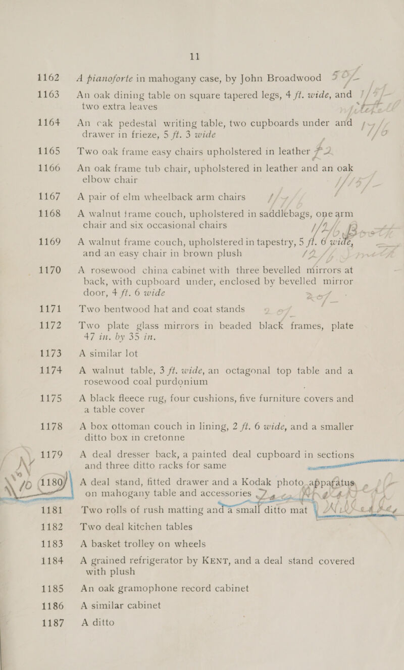 1162 =A pianoforte in mahogany case, by John Broadwood FO 1163. = An oak dining table on square tapered legs, 4 ft. wide, ae n ¥ two extra leaves ‘te 1164 An cak pedestal writing table, two cupboards under and fy / drawer in frieze, 5 ft. 3 wide | // oO 1165 Two oak frame easy chairs upholstered in leather T 1166 ~=An oak frame tub chair _ upholstered i in leather and an oak elbow chair {/. 1167 = A pair of elm wheelback arm chairs . 1168 A walnut frame couch, upholstered in sda, one arm chair and six octnalgdeul chairs del fi éf wi 1169 A walnut frame couch, upholstered in tapestry, si and an easy chair in brown plush | 1170 A rosewood china cabinet with three bevelled ee at back, with cupboard under, enclosed by bevelled mirror door, 4 ft. 6 wide ee 4 foo S~ ae / ri 1 Two bentwood hat and coat stands 1172 Two plate glass mirrors in beaded black frames, plate +/ 3h. OY O3- 9%. ti73 A similar lot 1174 A walnut table, 3 ff. wide, an octagonal top table and a rosewood coal purdonium 1175 A black fleece rug, four cushions, five furniture covers and a table cover 1178 &lt;A box ottoman couch in lining, 2 ft. 6 wide, and a smaller ditto box in cretonne 1179 A deal dresser back, a painted deal cupboard in sections and three ditto racks for same A deal stand, fitted drawer and a Kodak ee appafatus, Pay on mahogany table and accessories Lacs Cat OOhT . Two rolls of rush matting a an? email ditto mat dA( Two deal kitchen tables L b¢ | oh ay  A basket trolley on wheels  A grained refrigerator by KENT, and a deal stand covered with plush 1185 An oak gramophone record cabinet 1186 =A similar cabinet 1187 A ditto