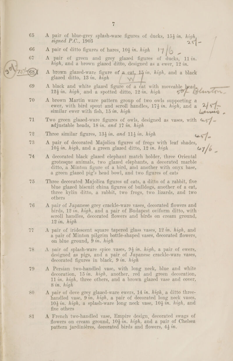 65 A pair of blue-grey splash-ware figures of ducks, 154 in. high ; signed P.C., 1903 2- 66 A pair of ditto figures of hares, 104 in. high 7 6 A pair of green and grey glazed figures of ducks, 11 in. high, and a brown glazed ditto, designed as a ewer, 12 in, A brown glazed-ware figure of a cat, 1§ im. high, and a black glazed ditto, 13 in. high vy 69 A black and white glazed figure of a tat with moveable sot i  124 in. high, and a spotted ditto, 12 in. high [Plrrternr., ) | 70 A brown Martin ware pattern group of two owls supporting a ; ewer, with bird spout and scroll handles, 174 im. high, and a Re ]—~ similar ewer with fish, 15 in. high letrwmegQ , gai Two green glazed-ware figures of owls, designed as vases, with wo] = adjustable heads, 18 in. and 17 wm. high 72 Three similar figures, 134i. and 114 1m. high ‘7 73 A pair of decorated Majolica figures of frogs with leaf muAier 103 in. high, and a green glazed ditto, 12 in. high 7  74 A decorated black glazed elephant match holder, three Oriental grotesque animals, two glazed elephants, a decorated marble ditto, a Minton figure of a bird, and another with onyx base, a green glazed pig’s head bowl, and two figures of cats 75 Three decorated Majolica figures of cats, a ditto of a rabbit, five blue glazed biscuit china figures of bulldogs, another of a cat, three kylin ditto, a rabbit, two frogs, two lizards, and two others 76 A pair of Japanese grey crackle-ware vases, decorated flowers and birds, 12 in. high, and a pair of Budapest oviform ditto, with | scroll handles, decorated flowers and birds on cream ground, 12 in. high V7 A pair of iridescent square tapered glass vases, 12 im. high, and a pair of Minton pilgrim bottle-shaped vases, decorated flowers, on blue ground, 9 in. high 78 A pair of splash-ware spice vases, 93 in. high, a pair of ewers, - designed as pigs, and a pair of Japanese crackle-ware vases, decorated figures in black, 9 in. high 29 A Persian two-handled vase, with long neck, blue and white decoration, 15%n. high, another, red and green decoration, 11 in. high, three others, and a brown glazed vase and cover, 8 in. high 80 A pair of dove grey glazed-ware ewers, 14 in. high, a ditto three- handled vase, 91n. high, a pair of ‘decorated long neck vases, | 104 in. high, a splash-ware long neck vase, 103 1m. high, and five others 81 A French two-handled vase, Empire design, decorated swags of flowers on cream ground, 104in. high, “and a pair of Chelsea pattern jardiniéres, decorated birds and flowers, 44 1. 