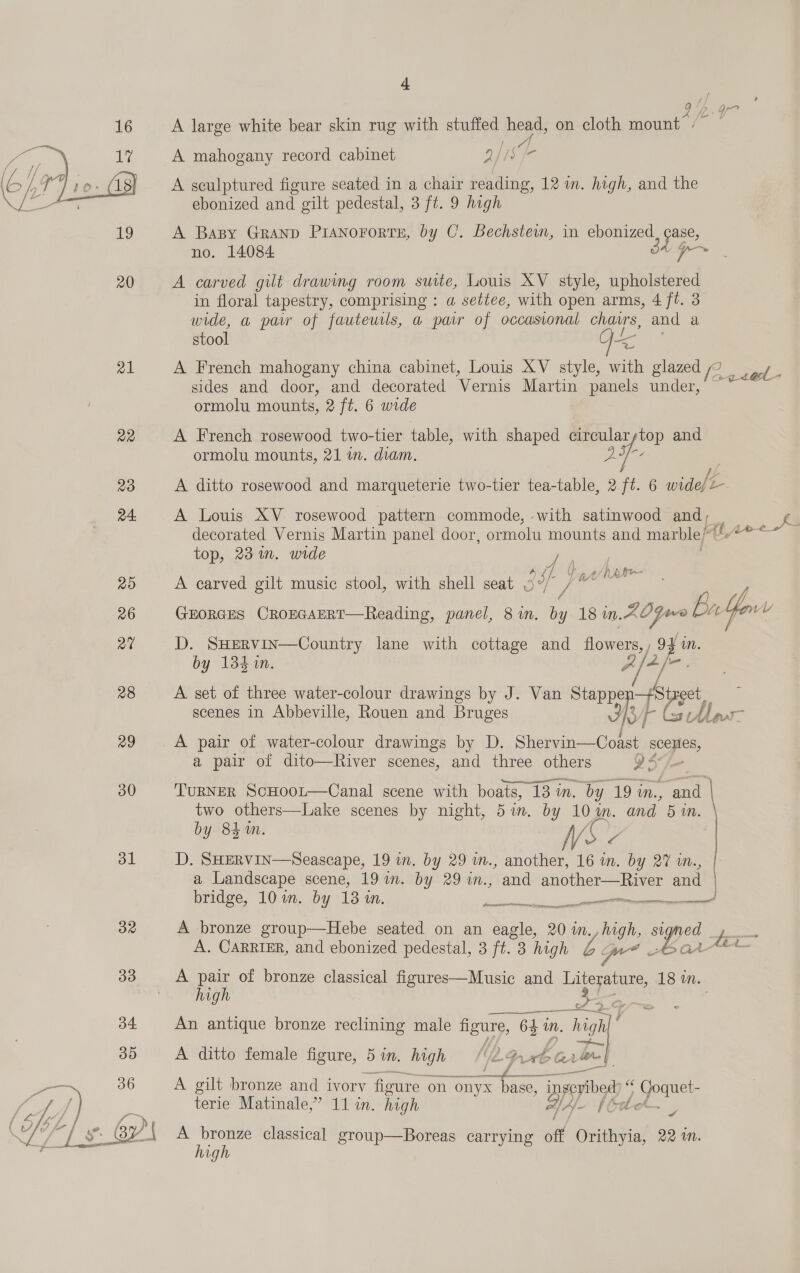 Like 16 A large white bear skin rug with stuffed Beets on cloth mount » ee. iy A mahogany record cabinet als Ue (G Bt dio A sculptured figure seated in a chair reading, 12 wm. high, and the i ebonized and gilt pedestal, 3 ft. 9 high 19 A Basy Granp PiAnororts, by C. Bechstewn, in ebonized 30 ge no. 14084 F 20 A carved gilt drawing room suite, Louis XV style, upholstered in floral tapestry, comprising : a settee, with open arms, 4 ft. 38 wide, a paw of fauteuils, a par of occasional chawrs, and a stool ae Oe a1 A French mahogany china cabinet, Louis XV style, with glazed Fre. sides and door, and decorated Vernis Martin panels under, ormolu mounts, 2 ft. 6 wide 22 A French rosewood two-tier table, with shaped ice aie and ormolu mounts, 21 im. diam. ye: : m : | UL 23 A ditto rosewood and marqueterie two-tier tea-table, 2 ft. 6 wide/— 24. A Louis XV: rosewood pattern commode, with satinwood and, fe decorated Vernis Martin panel door, ormolu mounts and marble/” | aaa top, 231m. wide | A fh By 9 Sf V apt here 25 A carved gilt music stool, with shell seat , » y, , rd / a, 26 GEORGES CRoEGAERT—Reading, panel, 8 in. by 18 in.A Oywe Bar Yor Lv ma D. SHERVIN—Country lane with cottage and flowers, , 94 in. by 134m. Ps ae 28 A set of three water-colour drawings by J. Van Stappe Street, scenes in Abbeville, Rouen and Bruges 33} - (sa Aha 29 A pair of water-colour drawings by D Shona scenes, a pair of dito—River scenes, and three others 94 30 Turner ScHoot—Canal scene with boats, 13: in. by 19 ‘in, | — \ two others—Lake scenes by night, 5 in, by 10m. and 5 in. \ by 84m. | Vs oo 31 D, SHERVIN—Seascape, 19 im. by 29 m., another, 16 in. by 27 in., a Landscape scene, 19m. by 29 in., and anther and bridge, 10 im. by 13 in. | ceuaipenaaica re niaa Arrant 32 A bronze group—Hebe seated on an tal 20 m pay signed - re A. CARRIER, and ebonized pedestal, 3 ft. 3 high G pee pe AALt. 33 A pair of bronze classical figures—Music and Literature, 18 in. | 3 high Js 34 An antique bronze reclining male tum Oh iy BO A ditto female figure, 5 in. high 2. Dt aaie| ale Gan — 36 A gilt bronze and ivory figure. on onyx base, ingeyibed 3 a elas ’) terie Matinale,” 11 in. high a4 A~ Ot a ie Ds RGyZa Se classical group—Boreas carrying off Orithyia, 22 i. uy) 