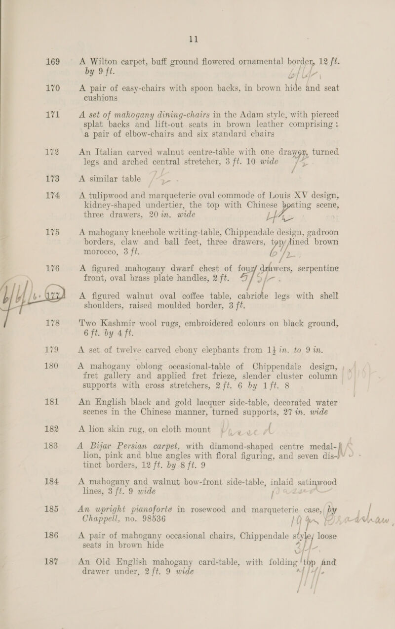 169 170 175  181 182 183 184 185 186 187 Li A Wilton carpet, buff ground flowered ornamental herded 12. fi. by 9 fi. Lo i fp Lj / j A pair of easy-chairs with spoon backs, in brown He and seat cushions A set of mahogany dining-chairs in the Adam style, with pierced splat backs and lft-out seats in brown leather comprising : a pair of elbow-chairs and six standard chairs An Italian carved walnut centre-table with one CTONGD, turned. legs and arched central stretcher, 3 ft. 10 wide = A similar table / “0 ' A tulipwood and marqueterie oval commode of Louis XV design, kidney-shaped undertier, the top with ran ait scene, three drawers, 20 in. wide A mahogany kneehole writing-table, Nee design, gadroon borders, claw and ball feet, three drawers, t a. brown morocco, 3 ft. Z : A figured mahogany dwarf chest of y hut serpentine front, oval brass plate handles, 2 ft. A figured walnut oval coffee table, wea legs with shell shoulders, raised moulded border, 3 ft. Two Kashmir wool rugs, embroidered colours on black ground, 6 ft. by 4 ft. A set of twelve carved ebony elephants from 1$ in. to 9 in. supports with cross stretchers, 2ft. 6 by 1ft. 8 An English black and gold lacquer side-table, decorated water scenes in the Chinese manner, turned supports, 27 in. wide ( A lion skin rug, on cloth mount 4 t £- uevur s tinct borders, 12 ft. by 8 ft. 9 A mahogany and walnut bow-front side-table, inlaid cae lines, 3 ft. 9 wide j 2 An upright pianoforte in rosewood and marqueterie case, by Chappell, no. 98536 |G i a, A pair of mahogany occasional chairs, Chippendale sey loose seats in brown hide Vv {- An Old English mahogany card-table, with flings and