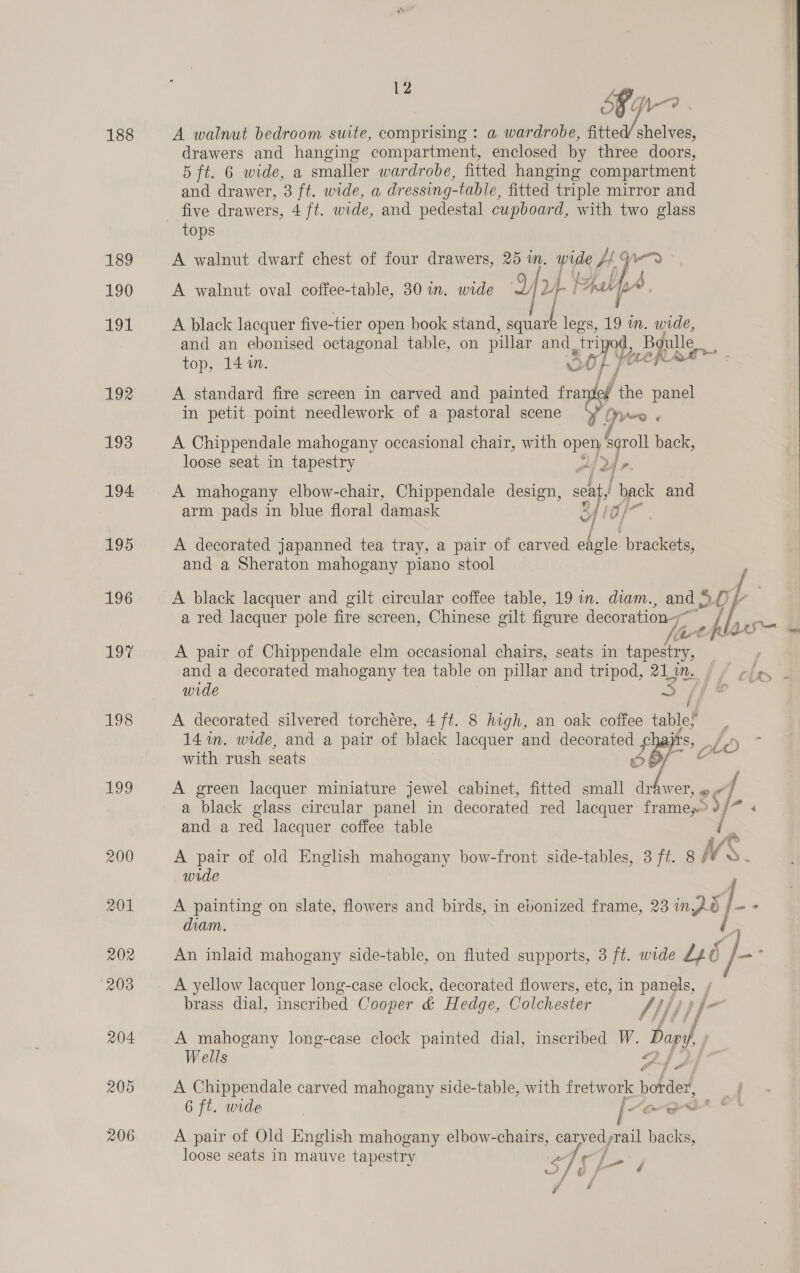 188 189 190 10 192 193 194 195 196 197 198 199 200 201 202 208 204 205 206 12 Sp A walnut bedroom suite, comprising : a wardrobe, FittaG/ shel eel drawers and hanging compartment, enclosed by three doors, 5 ft. 6 wide, a smaller wardrobe, fitted hanging compartment and drawer, 3 ft. wide, a dressing- -table, fitted triple mirror and tops A walnut dwarf chest of four drawers, 25 in. wide J ft ir A walnut oval coffee-table, 30 in. wide wy yt sia , A black lacquer five-tier open book stand, square legs, 19 in. wide, and an ebonised octagonal table, on pillar and ory, _Bgulle, oh top, 14 in. 00 Tp tte A standard fire screen in carved and painted tral the panel in petit point needlework of a pastoral scene ‘y, jo ; A Chippendale mahogany occasional chair, with ey 75 back, loose seat in tapestry Dwr A mahogany elbow-chair, Chippendale design, cet “hack and arm pads in blue floral damask of! Ds A decorated japanned tea tray, a pair of carved ne brackets, and a Sheraton mahogany piano stool A black lacquer and gilt circular coffee table, 19 in. diam., and 5£ f a red lacquer pole fire screen, Chinese gilt ficure secmratirayy wih ee A pair of Chippendale elm occasional chairs, seats in sua | and a decorated mahogany tea table on pillar and tripod, 211 in. | f ¢ i wide a /f oe A decorated silvered torchére, 4 ft. 8 high, an oak coffee table! | 141. wide, and a pair of black lacquer and peas eer Ss Lo with rush seats nb E A green lacquer miniature jewel cabinet, fitted small . WET, @ of. a black glass circular panel in decorated red lacquer frame - and a red lacquer coffee table A pair of old English mahogany bow-front side-tables, 3 ft. 8 a wide a j A painting on slate, flowers and birds, in ebonized frame, 23 in Ds] --* diam. An inlaid mahogany side-table, on fluted supports, 3 ft, wide £6] as A yellow lacquer long-case clock, decorated flowers, etc, in panels, . brass dial, inscribed Cooper &amp; Hedge, Colchester A pf A mahogany long-case clock painted dial, inscribed W. Dap ff Wells Jo A Chippendale carved mahogany side-table, with fretwork pick dl > A pair of Old English mahogany elbow-chairs, carved, rail backs, loose seats in mauve tapestry ie oo et f ff - ag, | ‘ 