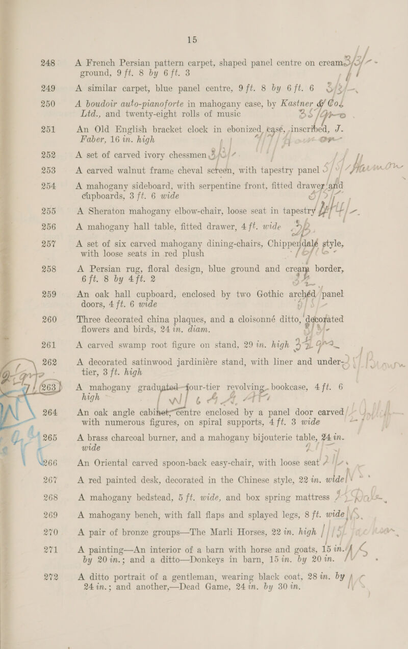    15 A French Persian pattern carpet, shaped panel centre on cream.o/o oy al ground, 97%. 8 by 67t. 3 Y} A similar carpet, blue panel centre, 9ft. 8 by 6 ft. 6 3/3) fe » A boudoir auto-pianoforte in mahogany case, by ee Tope Cod Litd., and twenty-eight rolls of music An Old English bracket clock in ane eae Neth ats J. Faber, 16 in. high \ | ‘a _ A set of carved ivory chessmen \3 SY yj f fy IJ A carved walnut frame cheval screen, with tapestry panel © S/°/ Aft hac A mahogany sideboard, with serpentine front, fitted as afd cupboards, 3 ft. 6 wide A Sheraton mahogany elbow-chair, loose seat in tapestry Jb ifs) t/ i”. A mahogany hall table, fitted drawer, 4 ft. wide 58 A set of six carved mahogany dining-chairs, Chinney ta He style, with loose seats in red plush a A Persian rug, floral design, blue ground and “a border, 6 ft. 8 by 4ft. 2 An oak hall cupboard, enclosed by two Gothic arched panel doors, 4 ft. 6 wide ‘) Three decorated china plaques, and a cloisonné ditto, geotated flowers and birds, 2471. diam. A carved swamp root figure on stand, 29 in. high 38 9 opal a A decorated satinwood jardiniére stand, with liner and oval CET tier, 3 ft. high A mahogany graduated four-tier revolving. bookcase, 4 ft. 6 high r ' / wl 4 At lA An oak angle cabihetCentre sania by a panel door carved / / with numerous figures, on spiral supports, 4 ft. 3 wide oa” al A brass charcoal burner, and a mahogany bijouterie table, (241M. wide —_ A 4 ~/ An Oriental carved spoon-back easy-chair, with loose seat LIL. [“ A red painted desk, decorated in the Chinese style, 22 in. wide|\ * ‘ A mahogany bedstead, 5 ft. wide, and box spring mattress P. \ S ‘a Ve A mahogany bench, with fall flaps and splayed legs, 8 ft. wide Vs. A pair of bronze groups—The Marli Horses, 22 in. high | I}, pps vs A aber oer interior of a barn with horse and goats, 15 in. nif S by 20in.; and a ditto—Donkeys in barn, 15in. by 20m. /¥ A ditto portrait of a gentleman, wearing black coat, 28 im. by | 24 in.; and another,—Dead Game, 24 in. by 30 1n.