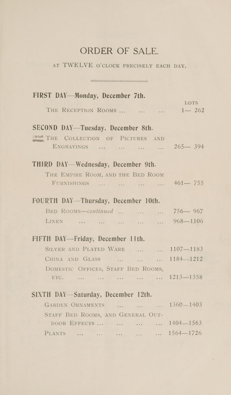 ORDER OF SALE.  FIRST DAY—Monday, December 7th. THE RECEPTION ROOMS ... SECOND DAY—Tuesday, December 8th. a OE |} MOLLECTION -OF “PICTURES AND ENGRAVINGS THIRD DAY—Wednesday, December 9th. THE EMPIRE ROOM, AND THE BED ROOM FURNISHINGS FOURTH DAY—Thursday, December 10th. BED ROOMS—continued LINEN FIFTH DAY—Friday, December | Ith. SILVER AND PLATED WARE CHINA AND GLASS DOMESTIC OFFICES, STAFF BED ROOMS, ETc. SIXTH DAY—Saturday, December 12th. GARDEN ORNAMENTS STAFF BED ROOMS, AND GENERAL OUT- DOOR EFFECTS ... PLANTS LOTS 1— 262 265— 394 461— 755 756— 967 968—1106 1107—1183 1184—-12%2 1213—1358 1360—1403 1494.—1563 1564—1726