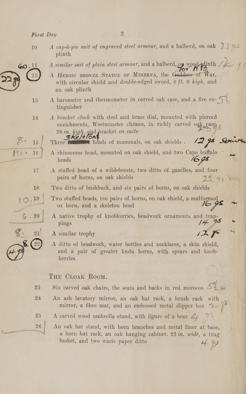 10 A cap-a-pie suit of engraved steel armour, and a halberd, on oak D| GA plinth oo, 11 A similar suit of plain steel armour, and a lieu: Sia ial ws Uae r4 &gt; A HEROIC BRONZE STATUE OF MINERVA, the Goddess—of “War, with circular shield and double-edged sword, 6 ft. 9 high, and — an oak plinth . &lt;&lt; 18 A barometer and thermometer in carved oak case, and a fire ex- hs Lo tinguisher 14 A bracket clock with steel and brass dial, mounted with pierced enrichments, Westminster chimes, in richly carved ou. ase; ) 26 in. high, pee bracket en surte | or } Ske/e onf : . °* 15 Three #eessBed heads of mammals, on oak shields . hap D ie Sef P Siig : | Ge 16 } A rhinoceros head, mounted on oak shield, and two Cape buffalo heads I ey nye ie A stuffed head of a wildebeeste, two ditto of gazelles, and four pairs of horns, on oak shields 7492 BS 18 = Two ditto of bushbuck, and six pairs of horns, on oak shields bo,2? | Two stuffed heads, ten pairs of horns, on oak shield, a malformed 3 ox horn, and a skeleton head ies i 20 | A native trophy of knobkerries, beadwork ornaments and _ trap- Eee eS pings ey Je 98 { g a1) A similar trophy y oa ir ~ Gi @) A ditto of beadwork, water bottles and necklaces, a skin shield, and a pair of greater kudu horns, with spears and knob- kerries THE CLOAK Room. ; 2 23 Six carved oak chairs, the seats and backs in red morocco © 4_ 9 24. An ash lavatory mirror, an oak hat rack, a brush rack with &gt; mirror, a fibre mat, and an embossed metal slipper box ~2— val 25 A carved wood umbrella stand, with figure of a bear “Ly 7 a 26 | An oak hat stand, with horn branches and metal liner at base, Cn eeeeenenin » a horn hat rack, an oak hanging cabinet, 23 in. wide, a trug basket, and two waste paper ditto He OD 4