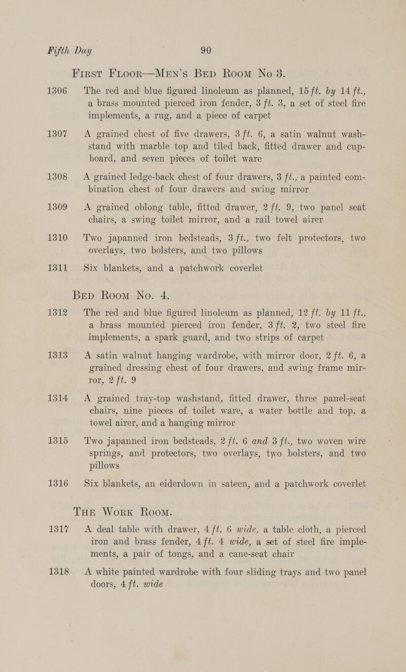 First FLooR—MEn’s BEep Room No 8. 1306 ‘The red and blue figured linoleum as planned, 15 ft. by 14 ft., a brass mounted pierced iron fender, 3 ft. 3, a set of steel fire implements, a rug, and a piece of carpet 1307 <A grained chest of five drawers, 3 ft. 6, a satin walnut wash- stand with marble top and tiled back, fitted drawer and cup- board, and seven pieces of toilet ware 1308 <A grained ledge-back chest of four drawers, 3 ft., a painted com- bination chest of four drawers and swing mirror 1309 <A grained oblong table, fitted drawer, 2 ft. 9, two panel seat chairs, a swing toilet mirror, and a rail towel airer 1310 ‘Two japanned iron bedsteads, 3 ft., two felt protectors, two | overlays, two bolsters, and two pillows 1311 Six blankets, and a patchwork coverlet BrEp Room No. 4. 1312 The red and blue figured linoleum as planned, 12 ft. by 11 ft., a brass mounted pierced iron fender, 3 ft. 2, two steel fire implements, a spark guard, and two strips of carpet 1313 A satin walnut hanging wardrobe, with mirror door, 2 ft. 6, a grained dressing chest of four drawers, and swing frame mir- Tron, ie. 0 1314 <A grained tray-top washstand, fitted drawer, three panel-seat chairs, nine pieces of toilet ware, a water bottle and top, a towel airer, and a hanging mirror 1315 ‘Two japanned iron bedsteads, 2 ft. 6 and 3 ft., two woven wire springs, and protectors, two overlays, two bolsters, and two pillows 1316 Six blankets, an eiderdown in sateen, and a patchwork coverlet Tor Work Room. 1317 A deal table with drawer, 4 ft. 6 wide, a table cloth, a pierced iron and brass fender, 4 ft. 4 wide, a set of steel fire imple- ments, a pair of tongs, and a cane-seat chair 1318 <A white painted wardrobe with four sliding trays and two panel doors, 4 ft. wide