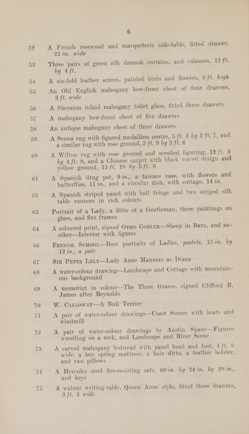 =z Jt 6 A French rosewood and marqueterie side-table, fitted drawer, 21 in. wide Three pairs of green silk damask curtains, and valances, 12 ft. by 4 ft. A six-fold leather screen, painted birds and flowers, 6 ft. high An Old English mahogany bow-front chest of four drawers, 3 ft. wide A Sheraton inlaid mahogany toilet glass, fitted three drawers A mahogany bow-front chest of five drawers An antique mahogany chest of three drawers A Senna rug with figured medallion centre, 5 ft. 3 by 3 ft. 7, aud a similar rug with rose ground, 5 ft. 9 by 3 ft. 6 A Wilton rug with rose ground and scroiled figuring, 12 ft. 6 by 4 ft. 8, and a Chinese carpet with black waved design and yellow ground, 15 ft. 10 by 5 ft. 8 A Spanish drug pot, 9in., a faience vase, with flowers and A Spanish striped panel with ball fringe and two striped silk table runners in rich colours | Portrait of a Lady, a ditto of a Gentleman, three paintings on glass, and five frames | A coloured print, signed OTHO GoBLER—Sheep in Barn, and an- other—Interior with figures Frexcu ScHoor—Bust portraits of Ladies, pastels, 15 in. by 12 in., @ pair  Sig Perer Lety—Lady Anne Manners as Diana A water-colour drawing—Landscape and Cottage with mountain- ous background | A mezzotint in colour—The Three Graces, signed Clifford R. James after Reynolds | W. Cattoway—A Bull Terrier A pair of water-colour drawings-—Coast Scenes with boats and windmill A pair of water-colour drawings by Austin Spane—Figures wrestling on a rock, and Landscape and River Scene A carved mahogany bedstead with panel head and foot, 4 ft. 6 wide, a box spring mattress, a hair ditto, a feather bolster, and two pillows | A Hercules steel fire-resisting safe, 60in. by 24im. by 20im., and keys | A walnut writing-table, Queen Anne style, fitted three drawers, 3 ft. 3 wide | :