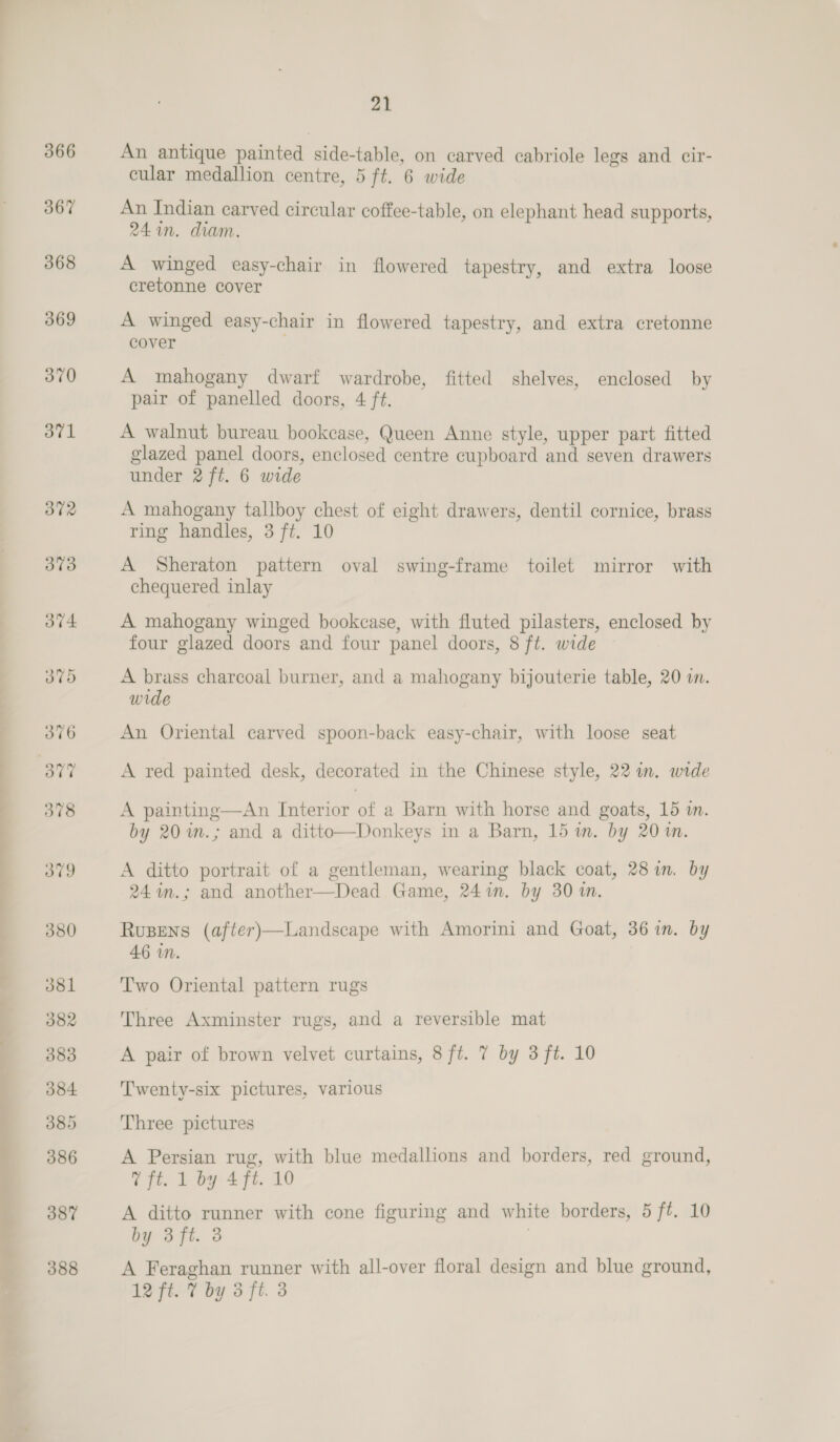 388 An antique painted side-table, on carved cabriole legs and cir- cular medallion centre, 5 ft. 6 wide An Indian carved circular coffee-table, on elephant head supports, 24.in. diam. A winged easy-chair in flowered tapestry, and extra loose cretonne cover A winged easy-chair in flowered tapestry, and extra cretonne cover A mahogany dwarf wardrobe, fitted shelves, enclosed by pair of panelled doors, 4 ft. A walnut bureau bookease, Queen Anne style, upper part fitted glazed panel doors, enclosed centre cupboard and seven drawers under 2 ft. 6 wide A mahogany tallboy chest of eight drawers, dentil cornice, brass ring handles, 3 ft. 10 A Sheraton pattern oval swing-frame toilet mirror with chequered inlay A mahogany winged bookcase, with fluted pilasters, enclosed by four glazed doors and four panel doors, 8 ft. wide A brass charcoal burner, and a mahogany bijouterie table, 20 i. wide An Oriental carved spoon-back easy-chair, with loose seat A red painted desk, decorated in the Chinese style, 22 in. wide A painting—An Interior of a Barn with horse and goats, 15 m. by 20 m.; and a ditto—Donkeys in a Barn, 15 i. by 201n. A ditto portrait of a gentleman, wearing black coat, 281m. by 24 im.; and another—Dead Game, 241m. by 30m. Ruspens (after)—Landscape with Amorini and Goat, 36%in. by 46 wm. Two Oriental pattern rugs Three Axminster rugs, and a reversible mat A pair of brown velvet curtains, 8 ft. 7 by 3 ft. 10 Twenty-six pictures, various Three pictures A Persian rug, with blue medallions and borders, red ground, 7 ft. 1 by 4ft. 10 A ditto runner with cone figuring and white borders, 5 ft. 10 by 3ft. 3 | A Feraghan runner with all-over floral design and blue ground, 12 fi. 7 by 3 ft. 3