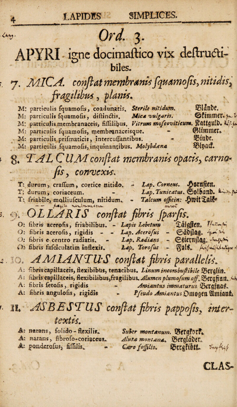 LAPIDES SIMPLICES. Ord. 3. APYRI igne docimaftico vix deftru&i- biles. 7. MICA. confiat membranis fquamofis, nitidis3 fragilibus, planis. M: particulis fquamofis, coadunatis. Sterile nitidum, 551<!nt?e. M: particulis fquamofis, diffindas, Mica vulgaris. .fc M: patticujis membranaceis, fiflilibus. Vitrum mafeoviticum. fFflftgttltb M: particulis fquamofis, membranaceisque. - ®(tHlUUV» M: particulis prifmaticis, incercufTantibus. - 55iut>?. M: particulis fquamofis, inquinantibus. Molybdena 33lt)&cf. g, TAL C UAL conflat membranis opacis> camo- fis, convexis. Ti durum > craflum, cortice nitido. - Lap. Corneus. T; durum, coriaceum. -  Lap. Tunicatus. ©olbflnt). T- friabile, moUiufculum, nitidum. - Talcum officin: — — twtn QM\X\ 9» OLLARIS confiat fibris fparfis. O: fibris aeerofis, friabilibus. - Lapis Lebetum Sdfgjfatt* O: fibris aeerofis, rigidis - - Lap. Acerofus - 04i)jjft<b Os fibris e centro radiatis. - Lap. Radians - 0$tCtnjI<lfl* O:- fibris fafciculatim inflexis. Lap. Torofus - i 30, A A/I lANTIIS confiat fibris parallelis. Ai -fibriscapillaceis, ftexibibits, tenacibus. Linumineombufiibile SStffglttK A: fibris capillaceis, flexibilibus,fragilibus. Alumenplumofum A: fibris fetofis, rigidis - Amiantm immaturus A: fibris angulofis, rigidis - Pfeudo Amiantus OtllOgetlSlnuanfe II. ASBMSTUS confiat fibris pappofis•, inter¬ textis.. At natans, folido- flexili*. Suber montanum. SBergFotFl A: natans, fibrofo-coriaccusu Aluta montana» 25er(jldittr<, A; poiiderofusj fiitilis^ « Cara fojfilis» CLAS-