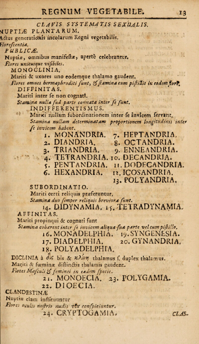 CLAVIS SYSTEMATIS SEXUALIS. tfUPTI^E PLANTARUM. .. ,, <V6tus generationis incolarum Regni vegetabilis. ' \ ' ' Florefcentia. PUBLICA. Nuptiae, omnibus manifefr*) aperte celebrantur* Plores unicuique vifibiles. MONOCLINIA, Mariti & uxores uno eodemque thalamo gaudent. Plores omnes hermaphroditi funt, P ftamina cum pifliUis it: eodem HorP DIFFINIT AS. Mariti inter fe non cognatt. Stamina nulla fua parte connata inter fe funt. . 1'NDIF FER ENTIS MUS. Mariti nullam fubordinationem inter fe invicem fervant. Stamina nullam determinatam proportionem longitudinis inter fe invicem habent. 1. MONANDRIA. 7. HEPTANDRIA, 2. DIANDRIA. 8- OCTANDR1A. 3. TRIANDRIA. 9. ENNEANDRIA. 4. TETRANDRIA. 10. DECANDRIA. f. PENTANDRIA. 11. DODFCANDRIA. 6. HEXANDRIA. n. ICOSANDRIA. 13. POLYANDRIA, SUB ORDINATI O. Mariti certi reliquis praeferuntur. Stamina duo femper reliquis breviora funt. 14. DIDYNAMIA, 1 f, TETRADYNAMIA. affinitas. Mariti propinqui & cognati funt Stamina coharent inter fe invicem aliqua fua parte vel cum pi(lilio, 16. MONADELPHI A, 19. SYNGENESIA. 17. DIADELPHIA. 20. GYNANDRIA, 18. POLYADELPHIA. DICLINIA h oi$ bis & ivyj thalamus f. duplex thalamus. Mariti & fceminae diftindtis thalamis gaudent. Eloces Majculi lp feminei in eadem fpecie. 21. MONOECI A. 23. POLYGAMIA. 22. DI OECI A. CLANDESTINA Nuptiae clam inftittmnrur I Plores oculis noflrh nudis vtx confpicinntttr, 24. CRYETOGAMIA, CLJS-