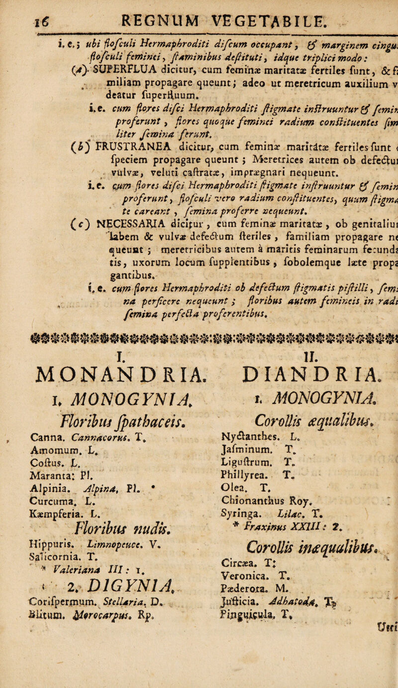 . ■ ' 1 11 ■■■■■-■— -■ — --- - -r i i. C, j ubi fofculi Hermaphroditi difeum occupant, tf marginem cingu, flofculi feminei, flaminibus deflituti > idque triplici modo : (*y SUPERFLUA dicitur, cum feminae maritatae fertiles funt, &f; miliam propagare queunt; adeo ut meretricum auxilium v deatur fuperRuum. i. e. cum flo,rcs difei Hermaphroditi fiigmate ingruuntur femir, proferunt , flores quoque feminei radium conllituentts fim liter femina ferunt, (£) FRUSTRANEA dicitur, cum femina? maritatae ferrilesfunt < fpeciem propagare queunt ; Meretrices autem ob defedfcui vulva:, veluti caftrats, impraegnari nequeunt, i. e. ejum fores difei Hermaphroditi fiigmate infiruuntur fj femin proferunt, flofculi rvcro radium confiituentes, quum fiigmt te careant , femina proferre nequeunt. (c) NECESSARIA dicijur , cum feminae maritata?, ob genitaliui labem & vulvas defedlum fteriles , familiam propagare n< queunt ; meretricibus autem a maritis feminarum fecunds tis, uxorum locum fupplentibus, fobolemque lacte props gantibus. i, e. cum fores Hermaphroditi ob defectum fligmatis pifilii, femi na perficere nequeunt ,* floribus autem femineis in radi femina per feti a proferentibus. MONANDRIA I. MONOGYNIA. Floribus fpathaceis. Canna. Cannacorus. X* Amomum. L. Coftus. JL, Maranta: PI. Alpinia. Hlpindt PE * Curcuma. L. Kaempferia. L. Floribus nudis. Hippuris, Limnopeuce. V. Salicornia. T. * Valeriana III: i. * 2. D1GYNU, Corifpermum. Stellaria, D. blitum. Mtrecarpus, Rjp* II. DIANDRIA. r. MOWGYNIA. Corollis <equahbiu\ Ny&antbes. L. Jafminum. T. Liguftrum. T. Phillyrea. T« Olea. T. Chionanthus Roy. Syringa. Lilac. T. # Fraxinus XXIII: 2. Corollis imqualibus. Circaea. T; Veronica. T. Paederota. M. . Jufticia. Jdhaiod.At T$ Pinguicula. T, Vtti