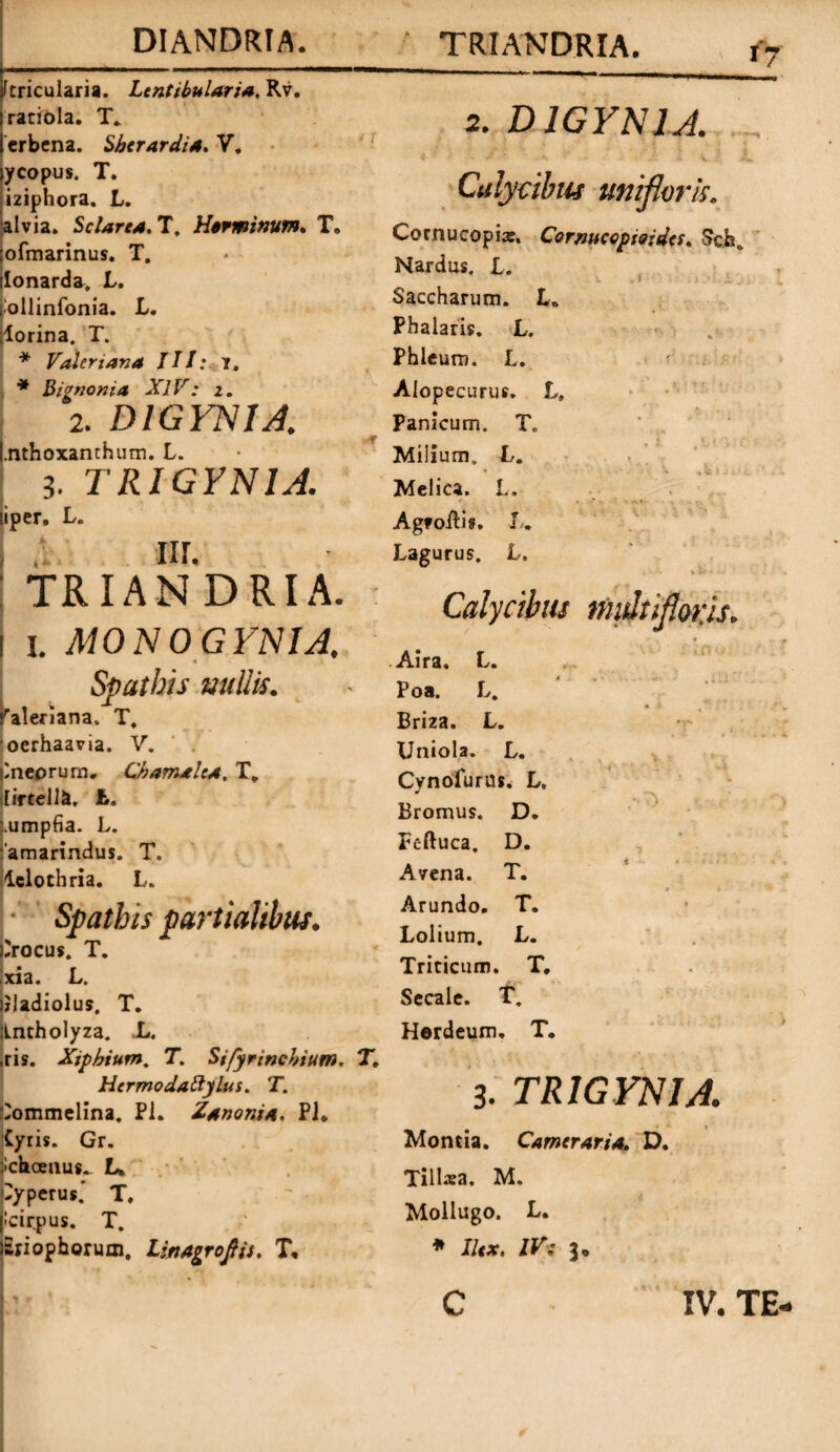 ftricularia. Lentibularia, Rv. rariola. T. erbena. Sbcrardia. V. ycopus. T. iziphora. L. alvia. Sciar ea. T. Htrminvm. T, ofmarinus. T. lonarda, L. 'ollinfonia. L. lorina. T. * Valeriana III: t. * Bignonia XlV: 2. 2. DIGYNIJ. I.nthoxanthum. L. 3. TRIGYN1A iiper. L. nr. TRIANDRIA. I l MONOGVNU. Spathis nullis. ■raleriana. T, oerhaavia. V. laneorum. Charrulta, T, [irtella. h. .umpfia. L. amarindus. T. Iclothria. L. * Spathis partialibus. 1'rocus. T. xia. L. jjladiolus. T. Lntholyza. L. .ris. Xiphium. T. Sifyrinchium. T. HermodattyLus. T. Commelina. Pi. Zanonia. Pl. Cyris. Gr. khoeuus^ L» fcyperus, T, jlcirpus. T. lEriopborum. Linagrojtis. T, 2. D1GYNLA. € * • J * -X - / > **•! v 2 Calycibus mifloris. Cornucopia:. Corrmcopioides. $ch Nardus. L. V. *I , i ,' ‘ «V Saccharum. L. Phalaris. L. Phieuin. L. Alopecurus. L, At ' r , Panicum. T. Milium, L. * - .i - . Melica. L. Agtoftif. I. Lagurus. L, . '• - *■ * *■* Calycibus mitltifioris. r ^ * Aira. L. Poa. L. * i. Briza. L. -r Uniola. L. Cynofurus* L. Bromus. D. Peftuca. D. Avena. T. # * Arundo. T. Lolium. L. Triticum. T. Secale. T. Herdeum. T. 3. TR1GYN1A Montia. Cameraria. D. Tillsa. M. Mollugo. L. * //«*. /r.* 3.