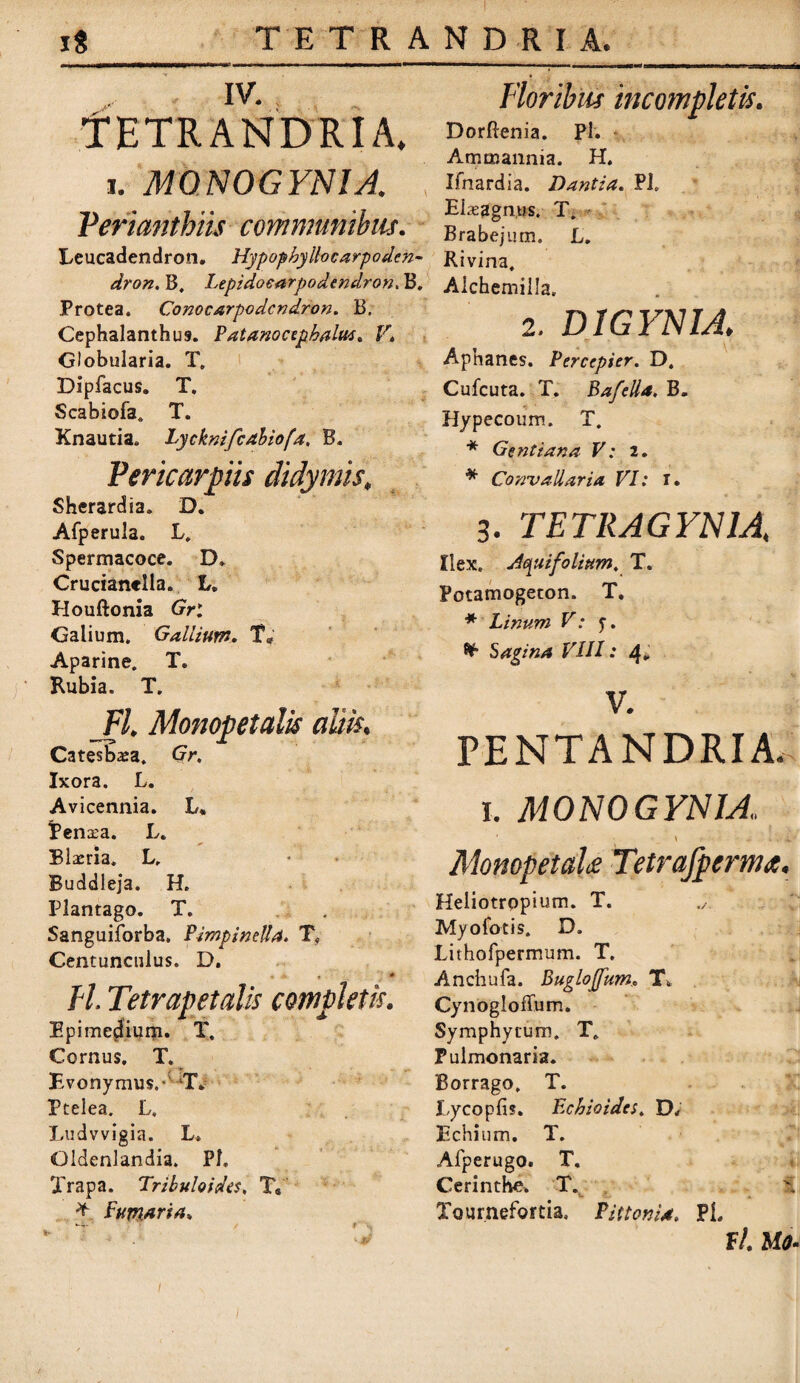 IV. tETRANDRIA. i. MONOGYNIA. Periantbiis communibus. Leucadendron. Hypophyilocarpoden~ dron. B, Lepidoearpodendron, B. Protea. Conocarpodcndron. B. Cephalanthus. Patanocephalus. V\ Globularia. T. Dipfacus. T. Scabiofa. T. Knautia. Lycknifcabiofa, B. Pericarpiis didymis, Sherardia. D. Afperula. L. Spermacoce. D. Crucianclla. L. Houftonia Grl Galium. Galiium. T* Aparine. T. Rubia. T. FI. Monopetalis aliis. Catesbxa. Gr. Ixora. L. Avicennia. L, Renxa. L. Blazria. L. Buddleja. H. Plantago. T. Sanguiforba. Pimpindla. T. Centunculus. D. , r * FI. Tetrapetalis completis. Epimedium. T. Cornus. T. Evonymus,- T* Ptelea. L. Ludvvigia. L. Oldenlandia. Pl. Xrapa. Tribuloides, T* * Fumaria* WT ’ / ; V Floribus incompletis. Dorftenia. Pl. Ammannia. H. Ifnardia. Dantia. Pl. Ei^agnus. T, • Brabejum. L. Rivina, Alchemilla. 2. D1GYNIA. Apnanes. Percepier. D. Cufcuta. T. Bafella. B. Hypecoum. T, * Gentiana V: 2. * Conualiaria VI: I. 3. TETRAGYN1A, Hex. Aquifolium. T. Potamogeton. T. * Linum V: f. Sagina VIII: 4, v. PENTANDRIA. 1. MONOGYNIA. Monopetah Tetrajpermt. Heliotropium. T. Myo fotis. D. Lithofpermum. T. Anchufa. Buglojfum.. T\ Cynogloffum. Symphycum. T. Pulmonaria. Borrago, T. Eycopfis. Echioides. D, Echium. T. Afperugo. T. Cerinthe. T. t Xournefortia. Ptitonia. PL F /. M<7-