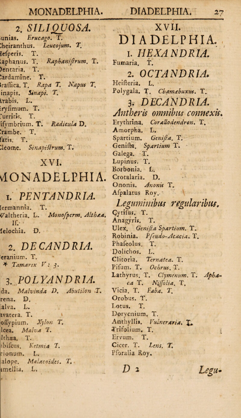 l 2. SILI QUOS A. unias. Erucago. T. ^heiranthus. Leucojum. T. lefperis. T. laphanus. T. Raphani [Irum. X. )entaria. T. 'ardamine. T. tratlica. T. Rapa T. Napus T. inapis. Sinapi, T. Prabis. L. iryfimum. T. rurricis. T. ifymbrium. T. Radicula D. )rambe. T. fatis. T. Ueome. Sinapi Erum, T. XVI. vlONADELPHIA. 1. PENTANDRIA. [ermannia. T. i^altheria. L. Monofperm, Alt ha a, If.* • lelochia. D, 2. DE CANDRIA. eranium. T. * Tamarix V: y. 3. POLYANDRIA. da. Malvinda D, Abutilon ,T. rena. D, alva. L. ivatera. T. * offypium. Xylon T. lcea. Malva 7. Ithxa. T. ibifcus, Kctmia 7. rionum. L. alope. Malacoides. T. imellia. L, XVII. DIADELPHIA. , 1. HEXANDRIA. ♦ - Fumaria. T. 2. OCTANDRJA. Heifleria. L. Polygala. T. Cbamabuxus. T„ 3. D EUANDRIA. Antheris omnibus connexis. Erythrina, Corallodendron. X. Amorpha. L. Spartium. Genifta, T. Genifta. Spartium T. • Galega. T. Lupinus. T. Borbonia. L. Crotalaria. D. Ononis. Anonis T,. Afpalatus Roy. Leguminibus regularibus, Qytifus. T. Anagyris. T. Ulex. Geni (ia Spartium. T. Robinia. Efeudo-Acacia. T. Phafeolus. T. Dolichos. L. Clitoria. Ter nat e a. T. Pifum. T. Ochras. T. Latbyrus. T. Clymenum. T. Apha- ca T. Nijfolia, T. Vicia. T. Taba. T. Orobus. T. Lotus. T. Dorycnium, T. Anthyllii, Vulneraria, X* Xrifolium, X. [ Ervum. X. Cicer. X. Lens. T. Pforalia Roy. D 2 Legu*