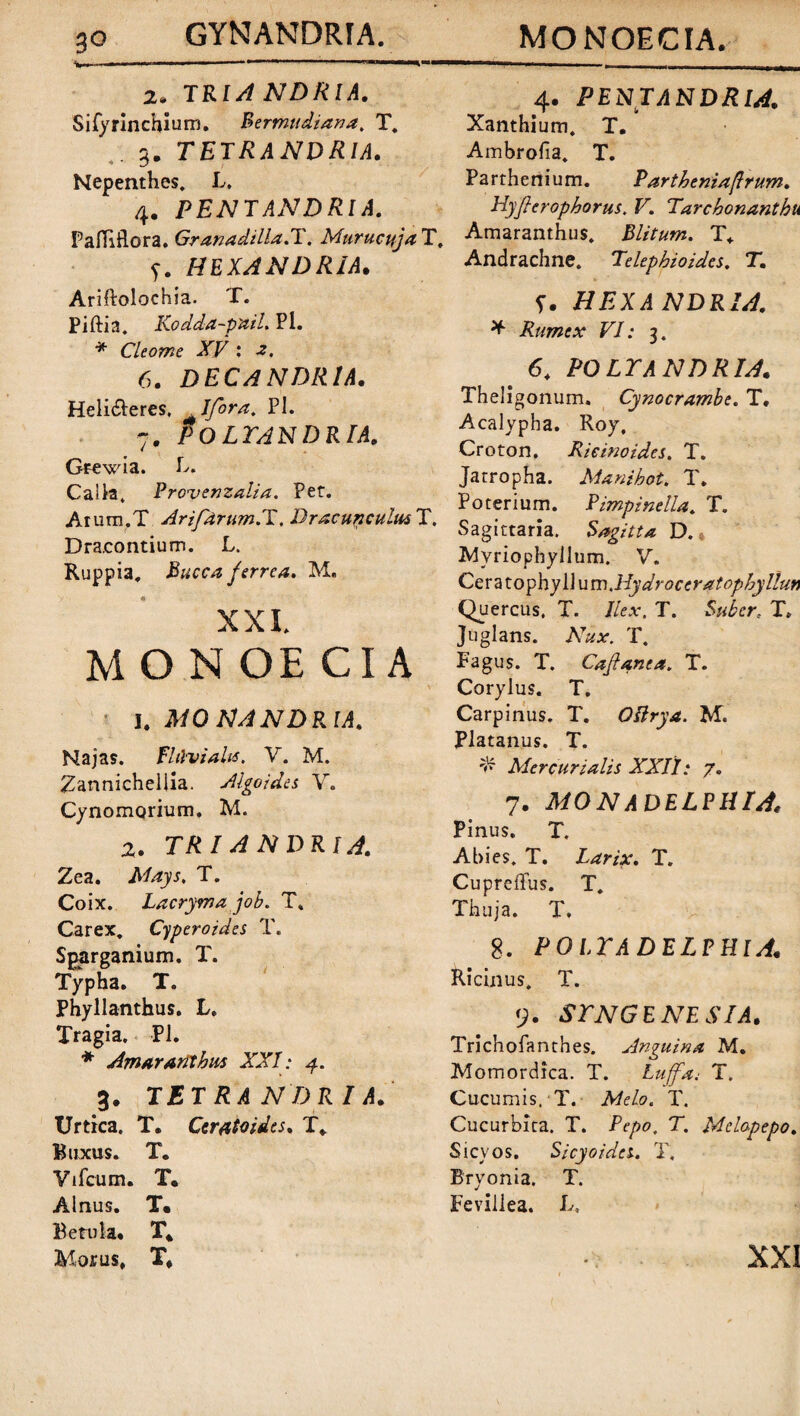 3° w— 2* TRlANDRlA. Sifyrinchium. Bermndiana, T. 3. TETRANDRIA. Nepenthes. L. 4. PENTANDRIA. Pafliflora. Granadilla.T. Murucuja T, y. HEXANDRIA. Ariftolochia. T. Piftia. Kodda-puil. Pl. * Cleome XV : 2, 6. Heli&eres. Ifora. Pl. 7, POLYANDRIA. Gtewia. L. Calla, Provenzalia. Pet. Arum.T Arifarum.T. DracuriculusT, Dracontium. L. Ruppia, Bucca ferrea. M. XXI. MONOECIA I. MO NANDB.IA. Najas. fUlvialis. V. M. Zannicheliia. Algoides V. Cynomcuium, M. 2. TRI A NDRIA. Zea. T. Coix. Lacryma job. T. Carex. Cypero id es T. Sparganiiim. T. Typha. T. Phyllanthus. L. Tragia. Pl. * Amaranthm XXI: 4. 3. TETRANDRIA. Urtica. T. Ccratoides. T* Buxus. T. Vifcum. T* Alnus. T• Betula, T. Morus, X* 4. PENT ANDRIA. Xanthium. T, Ambrofia. T. Parthenium. Parthcniafirum. Hyfieropborus. V. Tarcbonanthu Amaranthus. Blitum. T, Andrachne. Telepbioides, T. 5. HEXANDRIA. * Rumex VI: 3. 6. POLYANDRIA. Theligonum. Cynocrambe. T, Acalypha. Roy, Croton. Rieinoides. T. Jatropha. Manihot. T. Poterium. Pimpinella. T. Sagittaria. Sagitta D. * Myriophyllum. V. Cer a tophy 11 u m.Hydroceratopbyllun Quercus, T. Ilex. T. Suber, X. Juglans. Nux. T. Fagus. T. Cafianta. T. Corylus. T. Carpinus. T. OPrya. M. platanus. T. Mercurialis XXII: 7. 7. MONADELPHIA. Pinus. T. Abies. T. Larix. T. CuprefTus. T. Thuja. T. 8. P 0 LY ADELPHI A. Ricinus. T. 9. SYNGENESIA. Trichofanthes. Anguina M. Momordica. T. Luffa; T. Cucumis. T. Melo. T. Cucurbita. T. Pepo. T. Melapepo. Sicyos. Sicyoides. T. Bryonia. T. Fevillea. L. XXI