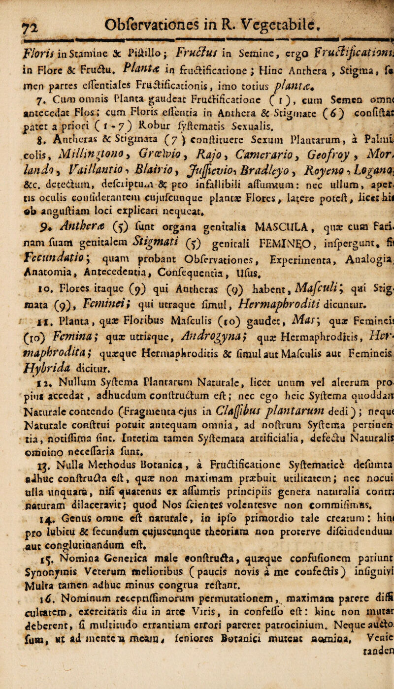 II I H I ■ II—■ —11 ' .—I -—■■■■■ III Floris in Stamine 2c Piftillo; Fruffus in Semine, ergo FruHificationu in Flore &: Fru<ftu, Planta ia frmftificatione ; Hinc Anthcra , Stigma, f* men partes eftentialcs Fruftificationis, imo totius planta* 7. Cum omnis Planta gaudeat Fructificatione ( r), cum Semen omru antecedat Flos; cum Floris edentia in Anthera & Stigmate (6) confidat patet a priori ( t - 7 ) Kobur fyftematis Sexualis. $, Antheras Sc Stigmata (7 ) conftituere Sexum Plantarum, a Palmi colis, Millingtono> Grce\vio, Rajo, Camerario, Geofroy , Mor* lando, Vaillantio ■» Blairio, JuJJicuio, Bradleyo, Royeno •> Lagano. &c. detedlum, defciiptum & pro infallibili aflumtum: nec ullum, aper, tis oculis confiilerantem cujufcunque plantae Flores, latere poteft, licet hil ob anguftiam loci explicari nequeat, 9* Anthera (g) lixnt organa genitalia MASCULA, quae cum Fari, nam fuam genitalem Stigmati (g) genitali FEMINEO, infpergunt. fii Fccundatio \ quam probant Qbfcrvationes, Experimenta, Analogia; Anatomia, Antecedentia, Confequentia, Ufus. 10, Flores itaque (9) qui Antheras (9) habent, Mafculi^ qai Stig< mata (9), Feminei t qui utraque hmul, Hermaphroditi dicamur. 11. Planta, qux Floribus Mafculis (10) gaudet, Mas\ quar Femineis (ro) Femina; qua: Utrisque, Androgynay qu:e Hermaphroditis, Hcv* maphrodita; qurquc Hermaphroditis 8c iimui aut Mafculis auc Femineis Hybrida dicitur* 12, Nullum Syftema Plantarum Naturale, licet unum vel alterum pro. piu* accedat, adhucdum conftrudlum eft; nec ego heic Syftema quoddair Naturale contendo (Fragmentaejus in Clajjibus plantarum dedi) ; n?qu< Naturale conftrui potuit antequam omnia, ad noftrum Syflema pertineri tia, notiffima (int. Intcrim tamen Syflemata artificialia, defeclu Naturalis cumino neccflaria fune, 13. Nulla Methodus botanica, a Fru&ificationc Syftematic& defumta adhuc conftruOa ell, qux non maximam prxbuit utilitatem; nec nocui ulla unquam, nifi quatenus ex affumtis principiis genera naturalia contr; naturam dilaceravit; quod Nos feientes volentesve non commilirntts, 14* Genus oranc eft naturale, in ipfo primordio tale creatum: hin< pro lubicu & fecundum cujuscunque theoriam non proterve difemdendum auc conglutinandum eft. Nomina Genetica male eonftrufta, quarque confufionem pariunt Synonymis Veterum melioribus (paucis novis a mc confcdlis) infignivi Multa tartien adhuc minus congrua reflant. 1C. Nominum rcccpciffimorum permutationem,^ maximam parere diffi culearem, exercitatis diu in arte Viris, in confclfo eft: hinc non mutar deberent, fi multitudo errantium errori pareret patrocinium. Nequeauilo. fusu, ut ad mentem meam4 leniores Botanici mutcac nomioa, Venic tanden