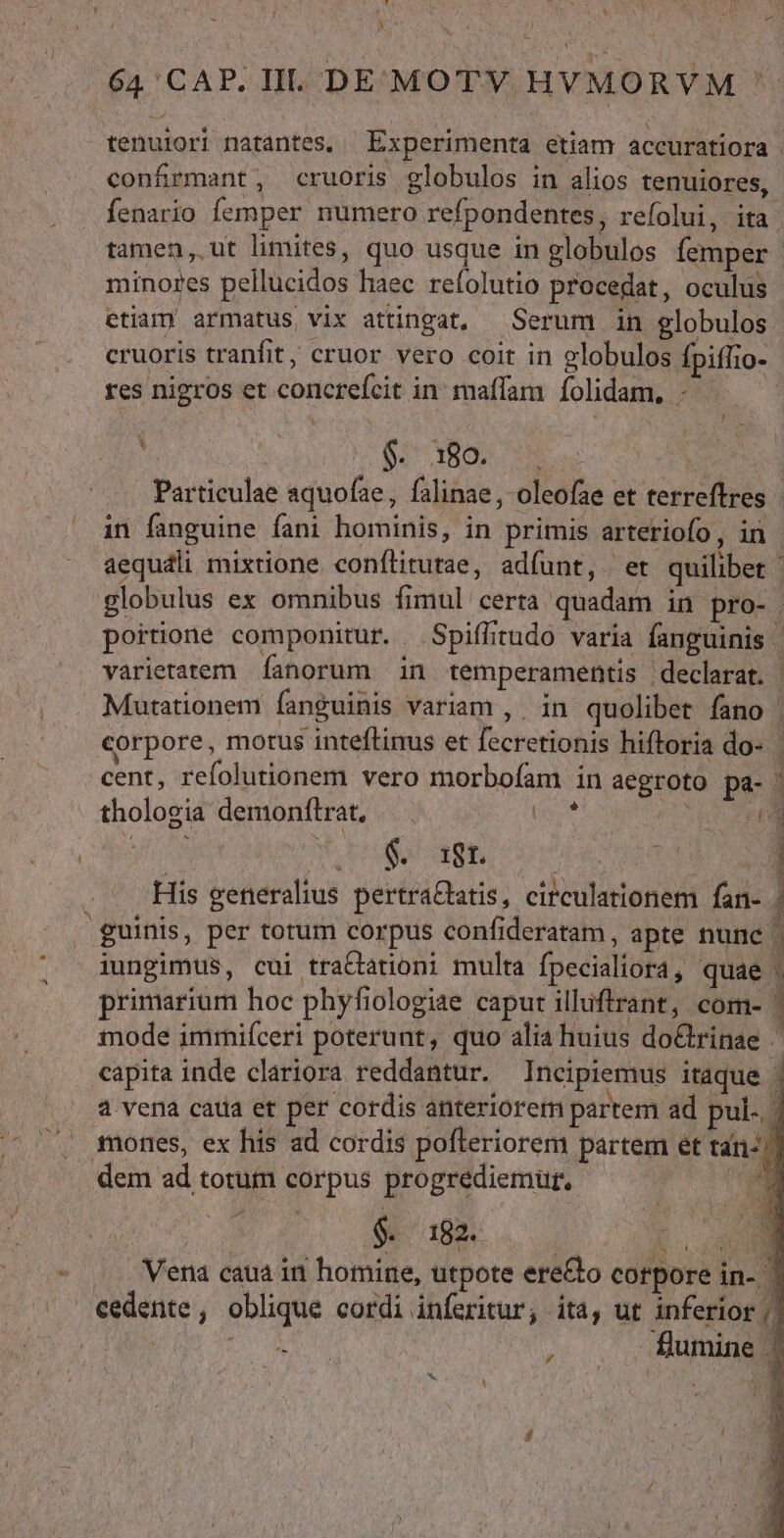 &amp; LA. xs 64'CAP.IIL DE MOTY HVMORVM tenuiori natantes. Experimenta etiam accuratiora | confírmant, cruoris globulos in alios tenuiores, fenario femper numero refpondentes, refolui, ita. tamen, ut limites, quo usque in globulos femper minores pellucidos haec refolutio procedat, oculus etiam armatus vix attingat, — Serum in globulos cruoris tranfit, cruor vero coit in 2lobulos fpiffio- res nigros et concrefcit in maffam Íolidam, - $. 180. Kos ! Particulae aquofae, falinae,-oleofae et terreftres - in fanguine fani hominis, in primis arteriofo, in aequali mixtione conílitutae, adíunt, et quilibet | globulus ex omnibus fimul certa quadam in pro- | portione componitur. Spiffitudo varia fanguinis. varietatem fanorum in temperamentis declarat. Mutationem fanguinis variam , . in quolibet fano | corpore, motus inteftinus et fecretionis hiftoria do-- cent, refolutionem vero morboíam in aegroto pa- tholosia demonftrat, eet Hus am nV Er adam ES NC His generalius pertraGtatis, circulationem fan- . guinis, per totum corpus confideratam, apte nunc iungimus, cui tra&amp;tationi multa fpecialiora, quae primarium hoc phyfiologiae caput illuftrant, com- | mode immifceri poterunt, quo alia huius doGrinae ' capita inde clariora reddantur. Incipiemus itaque j a vena catia et per cordis anteriorem partem ad pul. | mones, ex his ad cordis pofleriorem 3 d Roda c ecco ccu. are eu MA D dem ad totum corpus progrediemur, $. 182. j i  EN Yx .. Mena caua in homine, utpote ere&amp;o corpore in- | cedente, oblique cordi inferitur, ita, ut inferior || ids liu , . . flumine |