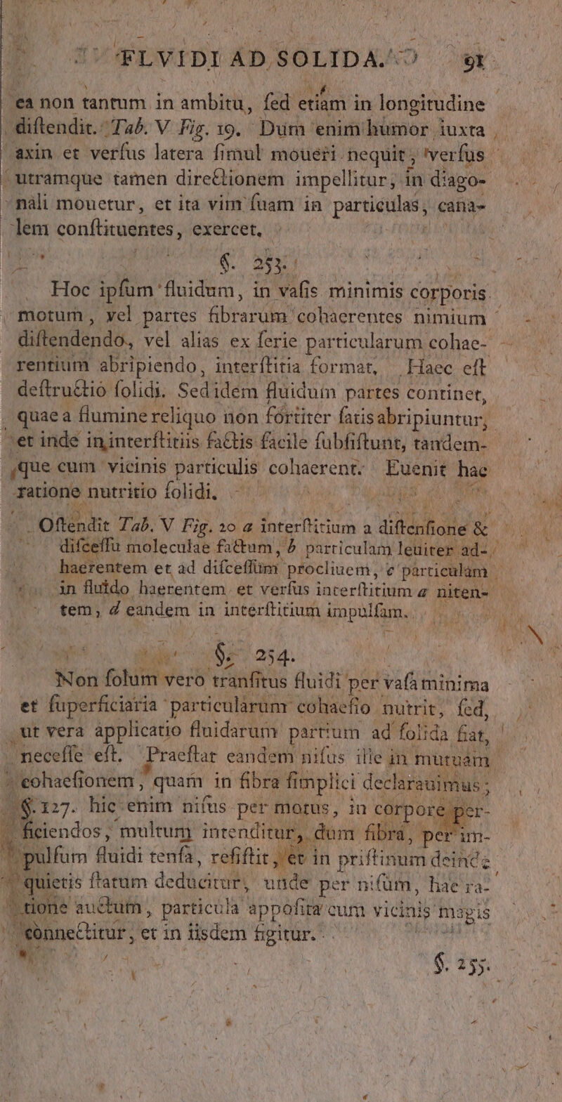 - E v FLVIDIAD. ) SOLIDA.O »* 'eà non tantum in ambiti, fed etiam. in longitudine | diftendic. Tab. V Fig. 19. Dur 'enim humor iuxta Brncct verfus latera fimul moueri. nequit , verfus 4 |utramque tamen dire&amp;tionem impelli itur, in diago- nali mouetur, et ita vim fuam in pirum cana- dem conftituentes, exercet, i b ca | 0,5 MB pla n oin Hoc ipfum: fluidum, in vafis minimis corporis. motum, yel partes litate? cohaerentes nimium ^ rentium abripiendo, interílitia format, . Haec eft deftru&amp;tio folidi. Sed idem fluidum partes continet, , quae a flumine reliquo non fortiter fatis abripiuntur, : :et inde ininterftitiis fattis facile fubfiftunt, tandem- aque cum vicinis particulis cohaerent. do háe atione nutritio folidi. - haerentem et ad difceffünr procliuem, € particulam | tem, d eandem i in interftitium impülfam.. E i ag $e 254. Mon folum vero tranfitus fluidi: per van minima et fuperficiaria particularum. cohaefio nutrit, fed, ut vera applicatio fluidarum parrum ad folida AT i - neceffe eft. Praeftar eandem nifus ilie in mutuam JL eohaefionem , quam in fibra fi implici declarauimus ; $. 127. hic. enim niíus per morus, iu cor ore ' per- ^ ficiendos, multum intenditur, dum fibrá, , per im- V pulfum d fuidi tenfa, refiftit , er in priftinum deince $ quietis ftatum dedisti unde per nifüm, hae d tione auctum , particul a appofira cum vicinis mi gis Sonne&amp;ivur, et in lisdem figitur. . E x j Qe