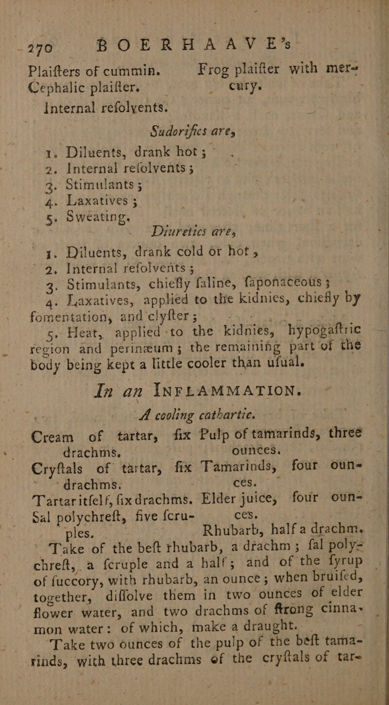 -4o0 =~ Cs BOE RHAAYV E’s Plaifters of cummin. Frog plaifier with mer Cephalic plaifter. _ CUry. Internal refolyents. Sudorifics ares 1. Diluents, drank hot ; 2, Internal refolvents ; 3. Stimulants 5” 4. Laxatives ; 5. Sweating. Diuretics ares ' y. Diluents, drank cold or hot, 2. Internal refolvents ; 3. Stimulants, chiefly faline, faponacéots 3 4. Laxatives, applied to the kidnies, chiefly by fomentation, and'clyfter; . -. . ian . s. Heat, applied -to the kidnies, hypogaftric region and perineum; the remaining part of the body being kept a little cooler than ufual. In an INFLAMMATION. ay A cooling cathartic. Cream of tartar, fix Pulp of tamarinds, three drachms, ounces, Cryftals of tartar, fix Tamarinds, four oun- ‘drachms. és. 9 >) Tartaritfelf, fixdrachms. Elder juice, four oun- Sal polychreft, five fcru- ces. . pies. | Rhubarb, half a drachm, ‘Take of the beft rhubarb, a drachm ; fal poly- chreft, a feruple and a half; and of the fyrup of fuccory, with rhubarb, an ounce ; when bruifed, together, diflolve them in two ounces of elder flower water, and two drachms of ftrong cinna- mon water: of which, make a draught. _ - Take two ounces of the pulp of the beft tama- rinds, with three drachms ef the cryftals of tare