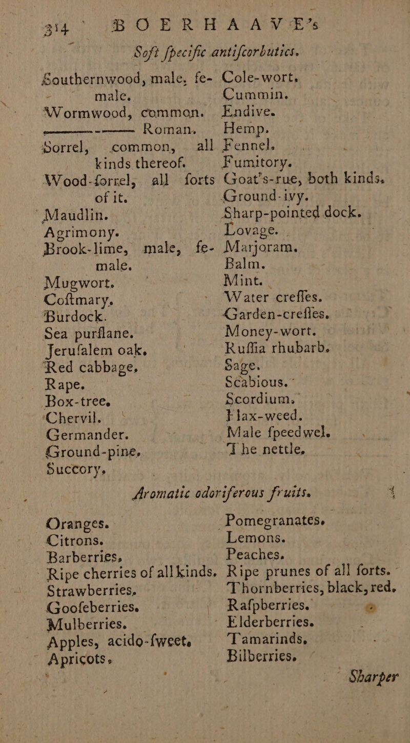 344° BOERHAAVE%s : Soft fpecifie antifcorbutics. Sauthernwood, male, fe- Cole-wort, : male. Cummin. Wormwood, common. Endive. Roman. Hemp. Sorrel, common, all Fennel. kinds thereof. Fumitory. Wood-forrel, all forts Goat’s-rue, both kinds. ofits ia Ground-ivy. “Maudlin. . ~ Sharp-pointed dock. Agrimony. — ovage. . : Brook-lime, male, fe- Marjoram. male. Balm. Mugwort. Mint. | Coftmary, | - ' ‘Water crefles. ‘Burdock. Sarden-crefles. Sea purflane. Money-wort. Jerufalem oak. : Ruffia rhubarb. Red cabbage, Sage, Rape. Scabious. Box-tree. =, Scordium. ‘Chervil.' &gt; } lax-weed. Germander. . Male fpeedwel. Ground-pine. The nettle, Succory. Aromatic odoriferous fruits. 4 Oranges. Pomegranates. Citrons. Lemons. Barberries, Peaches. - Ripe cherries of allkinds. Ripe prunes of all forts. - Strawberries, - Thornberries, black, red. Goofeberries. Rafpberries. a Mulberries. _ - Elderberries. Apples, acido-fweet. Tamarinds, Apricots. Bilberries. Sharper