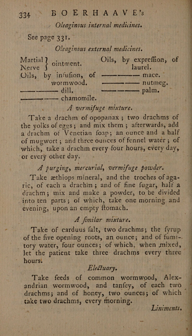 394). S (BY Ou ROB GA AW Eis _» Oleaginous internal medicines. See page 331. Oleaginous external medicines. Martial Oils, by exprefion, of Nerve laurel. Oils, by infufion, of ——--——— mace. © wormwood. —_——- nutmeg. dill, —_—— palm. chamomile. wes : ointment. ~ eee ee Lerner : A vermifuge mixture. Take a drachm of opopanax ; two drachms of the yolks of eggs; and mix them ; afterwards, add a drachm of Venetian foap; an ounce and a half of mugwort ; and three ounces of fennel water ; of which, take a drachm every four hours, every day, or every other day. Sat, A purging, mercurial, vermifuge powder. Take zthiops mineral, and the troches of aga- tic, of each a drachm; and of fine fugar, half a drachm; mix and make a powder, to be divided into ten parts; of which, take one morning and evening, upon an empty ftomach. | A fimilar mixture. ) F Take of carduus falt, two drachms; the fyrup hours. —Eleétuary. : Take feeds of common wormwood, Alex- andrian wormwood, and tanfey, of each two take two drachms, every morning. | 7 Liniments.