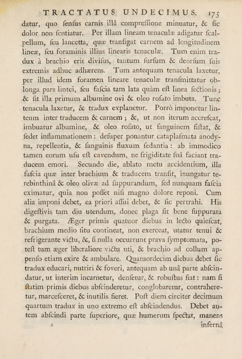 datur, quo fenfus carnis illa compreffione minuatur, & fic dolor non fentiatur. Per illam lineam tenaculae adigatur fcal- pellum, feu lancetta, quae tranfigat carnem ad longitudinem lineae, feu foraminis illius linearis tenaculae. Tum enim tra¬ dux a brachio erit divifus, tantum furfum 8c deorfum fuis extremis adhuc adhaerens. Tum antequam tenacula laxetur, per illud idem foramen lineare tenaculae tranfmittatur ob¬ longa pars lintei, feu fafcia tam lata quam eft linea fedionis - & fit illa primum albumine ovi & oleo rofato imbuta. Tunc • tenacula laxetur, & tradux explanetur. Porro imponetur lin¬ teum inter traducem & carnem ; &, ut non iterum accrefcat, imbuatur albumine, & oleo rofato, ut fanguinem fiftat, & fedet inflammationem : defuper ponantur cataplafmata anody- na, repellentia, & fanguinis fluxum fedantia : ab immodico tamen eorum ufu eft cavendum, ne frigiditate fua faciant tra¬ ducem emori. Secundo die, ablato metu accidentium, illa fafcia quae inter brachium & traducem tranfit, inungatur te¬ rebinthina & oleo olivae ad fuppurandum, fed nunquam fafcia eximatur, quia non poflet nifi magno dolore reponi. Cum alia imponi debet, ea priori affui debet, & fic pertrahi. His digeftivis tam diu utendum, donec plaga flt bene fuppurata & purgata. fEger primis quatuor diebus in ledo quiefcat, brachium medio iitu contineat, non exerceat, utatur tenui & refrigerante vidu, &, fi nulla occurrunt prava fymptomata, po~ teft tum aeger liberaliore vidu uti, & brachio ad collum ap- penfo etiam exire & ambulare. Quatuordecim diebus debet fic tradux educari, nutriri & foveri, antequam ab una parte abfcin- datur, ut interim incarnetur, denfetur, & robuftus fiat: nam fi ftatim primis diebus abfcinderetur, conglobaretur, contrahere¬ tur, marcefceret, & inutilis fieret Poft diem circiter decimum quartum tradux in uno extremo eft abfcindendus. Debet au¬ tem abfcindi parte fuperiore, quae humerum fpedat, manens 2 inferna.