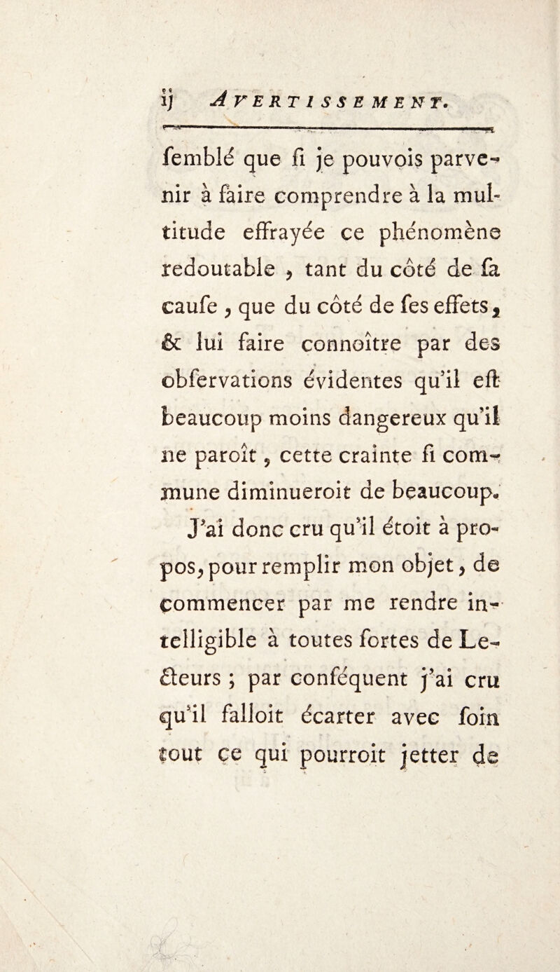 femblé que fi je pouvois parve¬ nir à faire comprendre à la mul* titude effrayée ce phénomène redoutable , tant du côté de fa caufe , que du côté de fes effets * & lui faire connoître par des obfervations évidentes qu’il effc beaucoup moins dangereux qu'il ne paraît, cette crainte fi com¬ mune diminuerait de beaucoup. J’ai donc cru qu’il étoit à pro¬ pos, pour remplir mon objet, de commencer par me rendre in¬ telligible à toutes fortes de Le- ' * \ b •- Ôteurs ; par conféquent j’ai cru qu’il falloit écarter avec foin tout ce qui pourrait jetter de