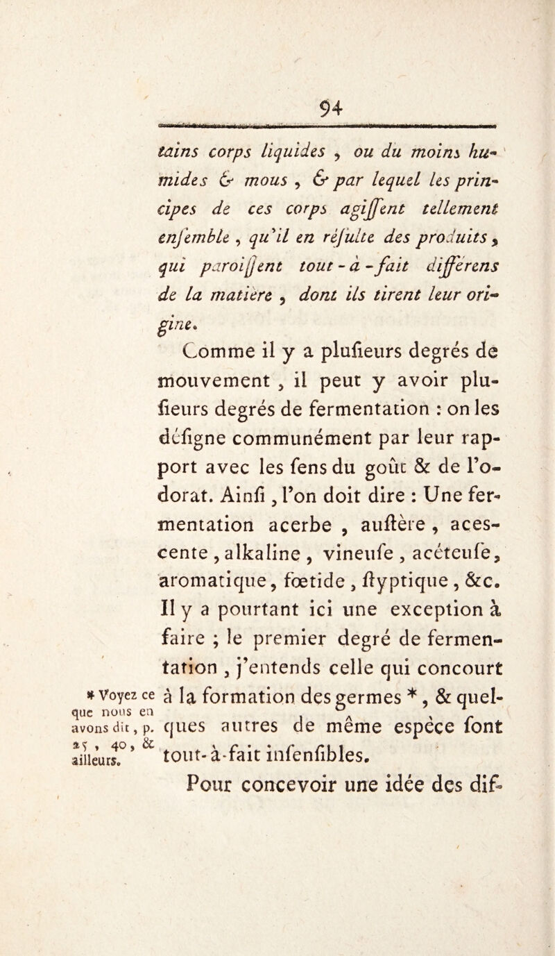 -»nfiiïÉMiïn■ miii' ‘j -r■■ ■■-- --) -- mm - tains corps liquides , ou du moins hu¬ mides & mous , & par lequel les prin¬ cipes de ces corps agirent tellement enfemble , quil en rèjuUe des produits y qui paroijjent tout-à-fait dijferens de la matière , dont ils tirent leur ori¬ gine» Comme il y a plulieurs degrés de mouvement > il peut y avoir plu- fieurs degrés de fermentation : on les défigne communément par leur rap¬ port avec les fens du goût & de l’o¬ dorat. Ainfi , Ton doit dire : Une fer¬ mentation acerbe , auflère , aces- cente , alkaline , vineufe , acéteufe5 aromatique , foetide 5 ftyptique 5 &c. Il y a pourtant ici une exception à fai re ; le premier degré de fermen¬ tation 3 j’entends celle qui concourt * voyez ce à \% formation des germes * , & quel¬ que nous en i A > r avons dit, p. ques autres de meme espece font ailleurs. tout-a-fait înlenlibles. Pour concevoir une idée des dif»