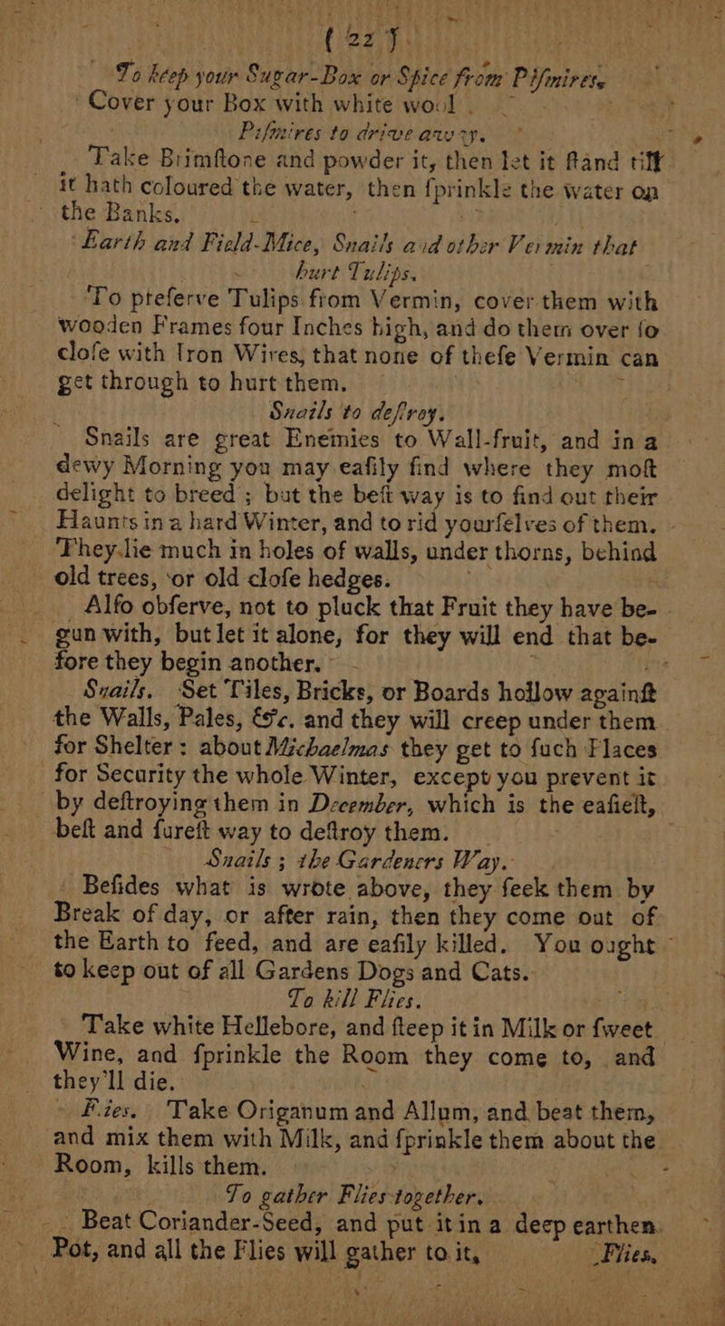 | a8 ER surat To keep your Sugar-Box or Spice from’ Pifmires. Cover your Box with white wool 7. aly Piftnives ta driveawy. - 2 Take Brimftone and powder it, then let it Mand till _ it hath coloured the water, then fprinkle the water on ‘Earth and Field-Mice, Snails aid other Vermin that ; hurt Tulips. : To pteferve Tulips from Vermin, cover them with wooden Frames four Inches high, and do therm over {fo clofe with Tron Wires, that none of thefe Vermin can get through to hurt them. Lata es Sxails to defirey. Snails are great Enemies to Wall-fruit, and in a dewy Morning you may eafily find where they mof delight to breed; but the beft way is to find out their They.lie much in holes of walls, under thorns, behind old trees, ‘or old clofe hedges. Alfo obferve, not to pluck that Fruit they have be- gun with, butlet it alone, for they will end that be- fore they begin another. - 3 iis Syails, Set Tiles, Bricks, or Boards hollow again the Walls, Pales, &amp;c. and they will creep under them for Shelter: about Michaelmas they get to fuch Flaces for Security the whole Winter, except you prevent it by deftroying them in December, which is the eafielt, _ belt and fureft way to deflroy them. _ Snails ; the Gardeners Way. Befides what is wrote above, they feek them by Break of day, or after rain, then they come out of to keep out of all Gardens Dogs and Cats. : To kill Flies. Pan ye Take white Hellebore, and fteep it in Milk or fweet they ll die. | » £ies. Take Origanum and Allom, and beat them, Room, kills them. ewe To gather Flies together. _-_ Beat Coriander-Seed, and put itin a deep earthen, Pot, and all the Flies will gather to it, _Fiies, e J : 7 / SP ?