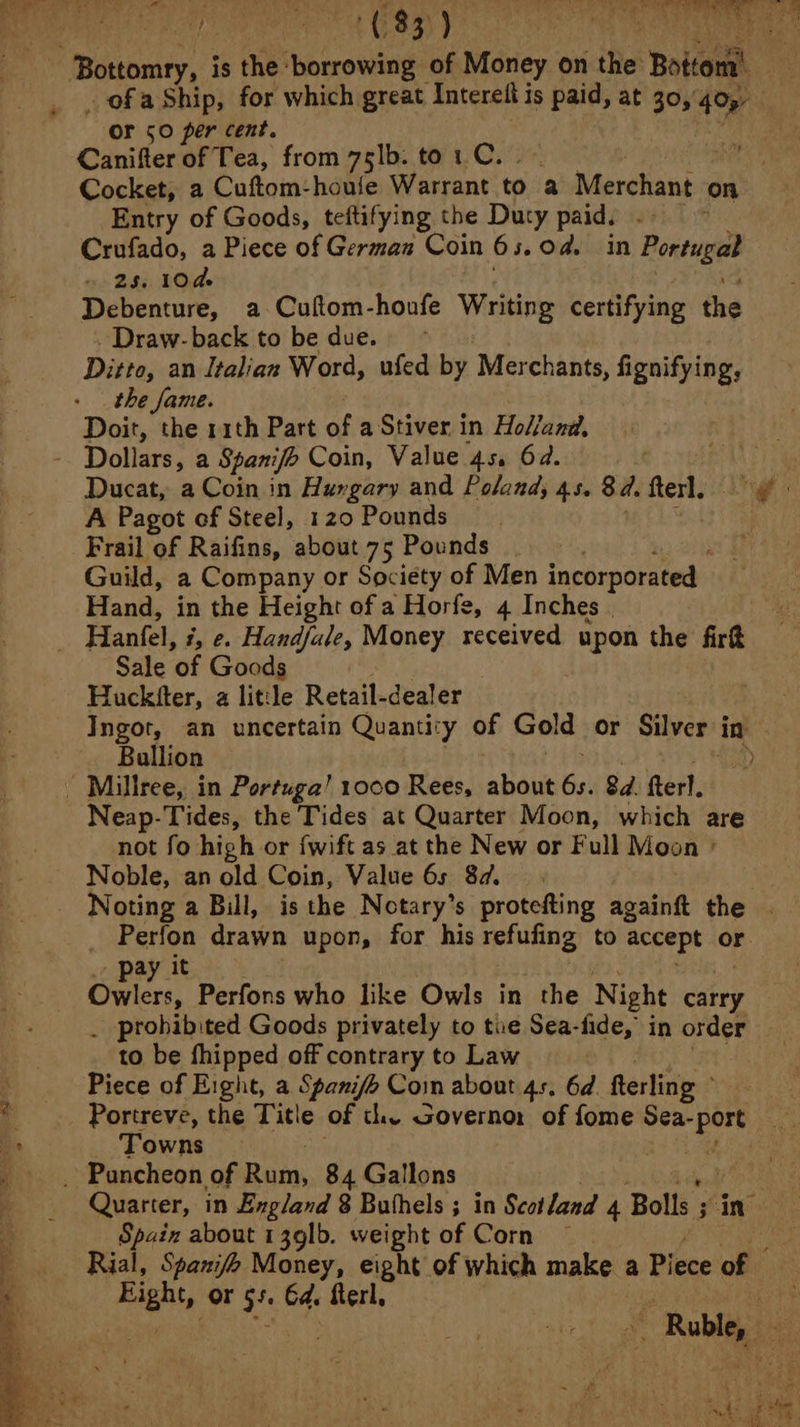 SRE Hes Pe Ha CO ey ay Le ee eae i ee ~ Bottomry, is the borrowing of Money on the Botton’ - ofa Ship, for which great Interelt is at 30, 4 d or 50 per cent. Canifter of Tea, from 75lb. to 1. C. aa Cocket, a Cuftom-houle Warrant to a Merchant on Entry of Goods, teftifying the Duty paid. Crufado, a Piece of German Coin 65. Od. in Roncugee » 25. 10d Debenture, a Cuftom-houfe Writing certifying the _Draw-back to be due. - Ditto, an Italian Word, ufed by Merchants, fignifying, the fame. Doit, the r1th Part of a Stiver in Ho//and, Ducat, a Coin in Hurgary and Poland; 45. 84. fterl. gt A Pagot of Steel, 120 Pounds iia Guild, a Company or Society of Men incorporated Hand, in the Height of a Horfe, 4 Inches | Hanfel, i, e. Handfale, Money received upon the firt Sale ‘of Goods Huckfter, a litle Retail-dealer Maen Ingot, an uncertain Quantity of Gold or Silver in Ballion , Neap-Tides, the Tides at Quarter Moon, which are not fo high or fwift as at the New or Full Moon » Noble, an old Coin, Value 6s 8d. Noting a Bill, is the Notary’s protefting againft the | Perfon drawn upon, for his refufing to accept or pay it Owlers, Perfons who like Owls in the Night carry _ prohibited Goods privately to tie Sea-fide, in order to be fhipped off contrary to Law Portreve, the Title of the soverno: of fome Sea-port Towns | Quarter, in Exgland 8 Buhhels ; in Scotland 4 Bolls ; 3 in Spaiz about 1391b. weight of Corn ~ Rial, Spanifa Money, eight of which make a Piece of Mad or vs! Ed. fterl, » Ruble,