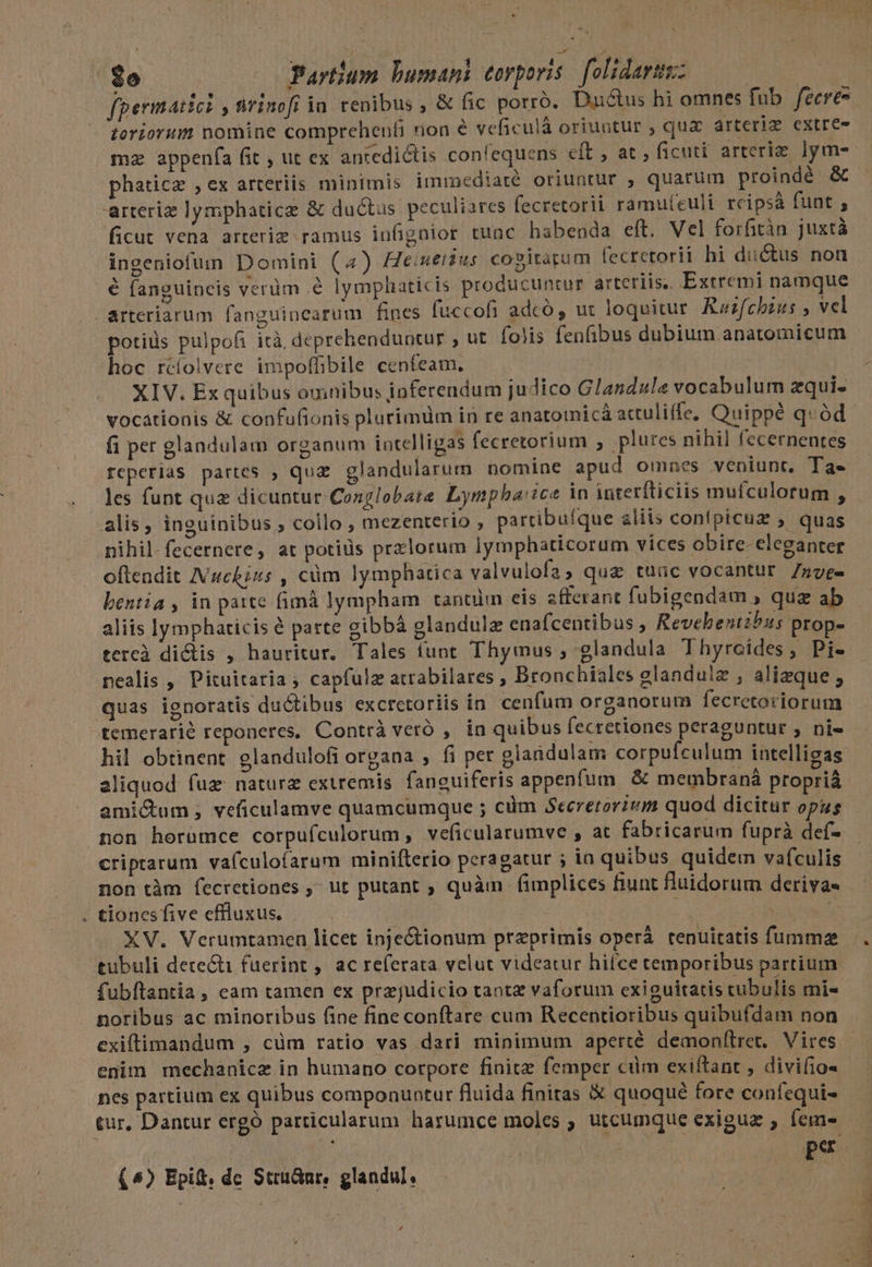 EI Lh , LP fpermatici , trinofi ia. renibus , &amp; fic porro. Dud&amp;us hi omnes fub. fecre- toriorum nomine comprehenti rion € veficulà oriuntur , qua arteriz extree , at , ficuti arteriz. ]ym- phaticz , ex arteriis minimis immediaté oriuntur , quarum proindé &amp; ficut vena arteriz ramus infignior tunc habenda eft. Vel forfitàn juxtà € fanguincis verüm .&amp; lymphaticis producuntur arteriis, Extremi namque arteriarum fanguincarum fines fuccofi adcó, ut loquitur. Ruifcbzus , vel potiüs pulpofi ità deprehenduntur , ut. folis fenfibus dubium anatomicum hoc rcíolvere impoffibile cenfeam, | XIV. Ex quibus omnibus ioferendum judico Glandule vocabulum zqui- vocationis &amp; confufionis plurimüm in re anatomicá actuliffe, Quippé q«ód fi per glandulam organum intelligas fecretorium , plures nihil fecernentes reperias partes ; quz glandularum nomine apud omnes veniunt. Ta- les funt que dicuntur Conglobate Lymphaice in interfticiis mufculorum , alis, inguinibus ; collo, mezenterio , partibufque aliis confpicuz , quas nihil-fecernere, at potis przlorum iymphaticorum vices obire- eleganter oflendit IVuchiss , cm lymphatica valvulofa) que tuuc vocantur 7zge- bentia , in patte fimà lympham tanum eis zfterant fubigendam , quz ab aliis lymphaticis é parte cibbà glandulz enafcentibus , Revebentzbus prop- tercà didis , hauritur. Tales iunt Thymus , glandula Thyreides, Pi- nealis , Pituitaria ; capfulz atrabilares ; Bronchiales elandulz , alizque ; quas ignoratis du&amp;ibus excretoriis in. cenfum organorum fecretoriorum temerarié reponeres, Contrà veró ,. in quibus fecretiones peraguntur ; ni- hil obtinent glandulofi organa , fi per glaiidulam corpufculum intelligas aliquod fue naturz extremis. fanguiferis appenfum &amp; membraná proprià amictum, veficulamve quamcumque ; cüm Seeretorim quod dicitur opus non horumce corpufculorum, veficularumve , at fabricarum fuprà def- criptarum vafculofarum minifterio peragatur ; ia quibus quidem vafculis non tàm fecretiones , ut putant ; quàm fimplices fiunt fluidorum deriva- tiones five effluxus. ; tubuli dete&amp;i fuerint , ac referata velut videatur hifce temporibus partium fubftantia, eam tamen ex przjudicio tantz vaforum exiguitatis cubulis mi- noribus ac minoribus fine fine conftare cum Recentioribus quibufdam non exiftimandum , cüm ratio vas dari minimum aperté demonftret. Vires enim mechanicz in humano corpore finitz femper cüm exiftant , divifio- nes partium ex quibus componuntur fluida finitas € quoqué fore confequi- (^) Epit. dc Sttu&amp;nr, glandul. Á