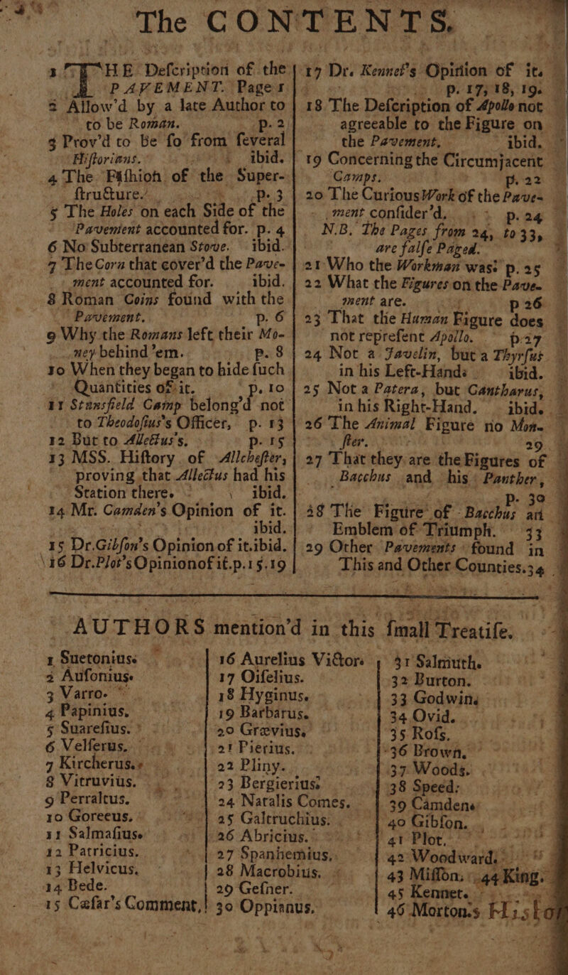 “1H i Defeription of nes PAVEMENT. Pages 2 “Allow d by a late Author to ‘co be Roman. ‘p-2 3 Prov’d to Be fo from feveral ‘Hiftorians. . ibid. 4 The Fathion of the ae ftruéture.’ § The Holes on each Side of fhe Pavement accounted for. p. 4 6 No Subterranean Stove. — ibid. The Cora that cover’d the Pave- _ + ment accounted for. ibid. 8 Roman Coins found with the Pavement. p- 6 9 Why the Romans left their na aey behind em. ro When they began to ag. ich Quantities of ir. 11 Stansfield Camp belong’d’ rH, to Theodofius’s Officer, y, : 12 But to Alettus's. 13 MSS. Hiftory . of Allebefier proving that dlledus had his Stationtheree ~ =—s,_~—sibid.. ut Mr. Camden’ $ Opinion ait. 45 15 Dr. Gilfon S Opinion of itibid. \16 Dr. Phos’ Aa situlci ae Pi! 5: 19 the Pavement. Camps. “werd caclider d. N.B. The Pages from 24, to 33 | are falfe Paged. a 21 Who the Workman was?’ p. 25 22 What the Figures on the Pave. ment are. ie aes not reprefent Apollo. p27 in his Left-Hands _ ibid. 25 Not a Patera, bur Cantharus, in his Right-Hand. ibid. A Emblem of Triumph. 29 Other Pavements found jn we I  Rilbebaiciss 3 Aufoniuse 417 Oifelius. 32 Burton. 3 Varro. * 18 Hyginus. 33 Godwing q Papinius, 19 Barbarus. 34,Ovid. ; ; Suarefius. 2° Grevius. 35 Rofs, 7 Kircheruss, 22 Pliny. 37 Woods. 8 Vitruvius. . | 23 Bergierius: | 38 Speed: g Perralcus. _ | 24 Naralis Comes. | 39 Camdens ro Goreeus, ' * | a§ Galeruchius.. | 40 Gibfon. eg 31 Salmafiuse 26 Abricius. » Poe cP iog + eS 30 ee 42 Patricius. Mh a7 Spanhemius,. 42 Woodward. 13 Helvicus. 14 Bede. | 29 Gefner. 15 Cafar’s Comment, 41 Salnitith. 43 Miffon; «. 45 Kennet. — Se