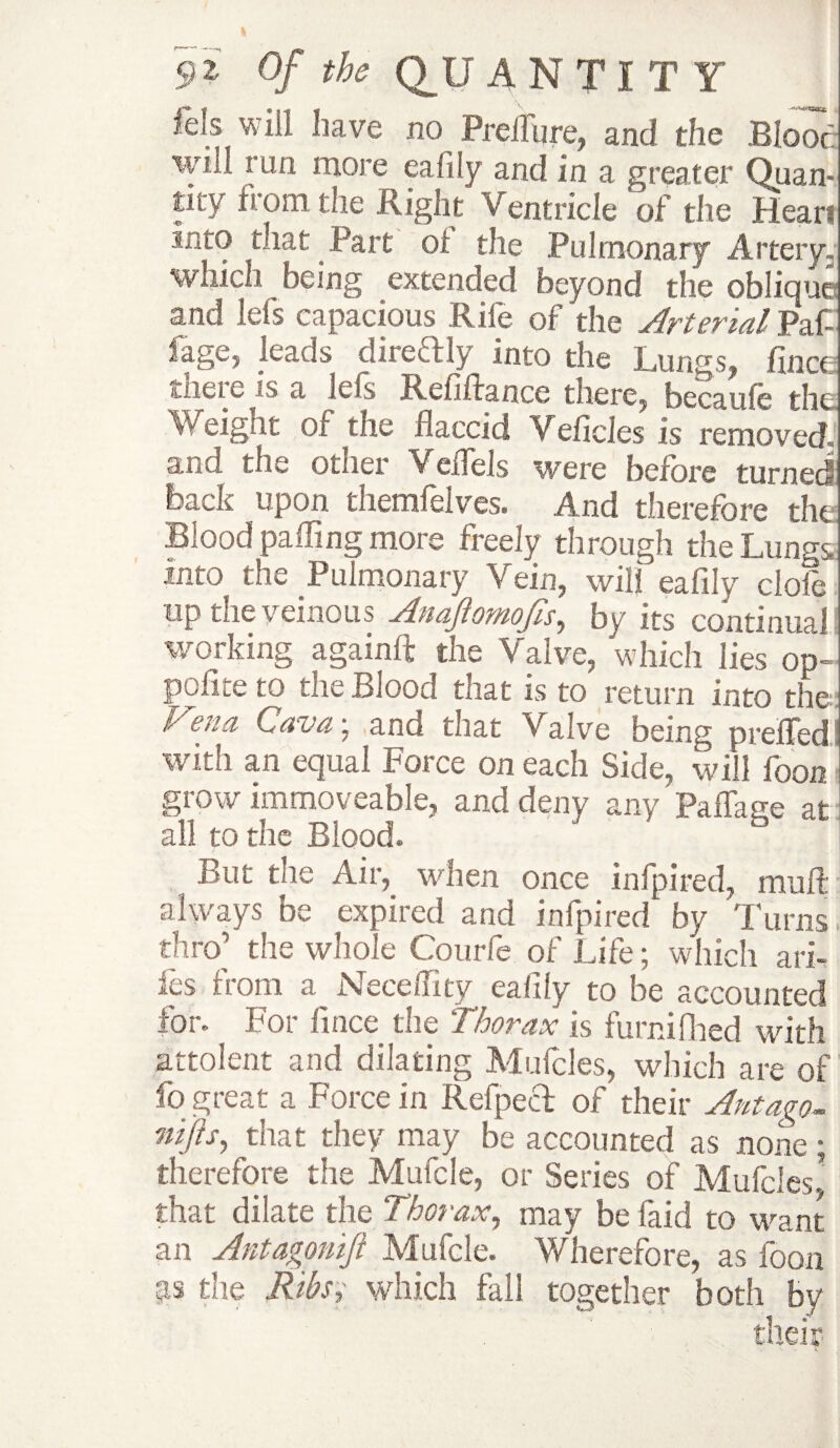 I 92' Of the Q_U A N T I T Y iels will have no Preifure, and the Blooc wui run more eafily and in a greater Quan¬ tity from the Right Ventricle of the Hears into that Part of the Pulmonary Artery. which being extended beyond the oblique and lets capacious Rife of the Arterial Paf fage, leads direftly into the Lungs, fines ilieie is d lefs Refiftance there, becaufe the. \? eight of the flaccid V eficles Is removed, and the other Veflels were before turned back upon themfelves. And therefore the Blood palling more freely through the Lungs into the Pulmonary Vein, will eafily dole up the yeinous Anaftomojis, by its continual working againft the Valve, which lies op- polite to the Blood that is to return into the h ena Cava; ano that Valve being preffed with an equal Force on each Side, will foon grow immoveable, and deny any PafTage at all to the Blood. But the Air, when once infpired, muft always be expired and infpired by Turns thro’ the whole Courle of Life; which ari- ies from a Neceffity eafily to be accounted for. For fince the thorax is fumifhed with attolent and dilating Mufcles, which are of fo great a Force in Refpecf of their Ant ago- nifis, that they may be accounted as none; therefore the Mufcle, or Series of Mufcles. that dilate the Thorax, may be faid to want an Antagoniji Mufcle. Wherefore, as loon P the Ribs, which fall together both by