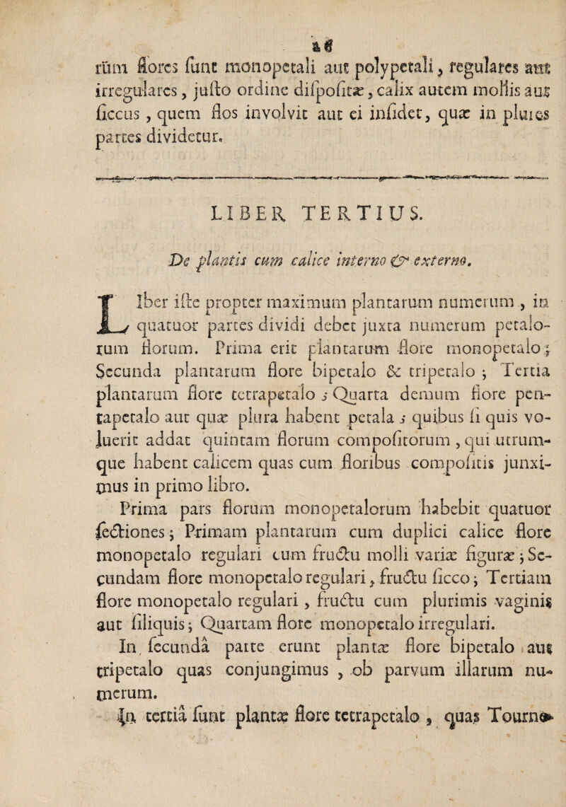 rum flores fune monopctali aiis polypctali, regulares amt irregulares, jufto ordine difpoflr^, calix autera mollis aui ficcus, quem flos involvit aut ei infldet, qua: in pluies parces dividetur. LIBER TERTIUS. De plantis cum calice interno & externo. Liber ifte propter maximum plantarum numerum , ia quacuor partes dividi debet juxta numerum petalo¬ rum florum. Prima erit plantarum flore uionor>etaio j Secunda plantarum flore bipctalo & triperalo ■, Tertia plantarum flore tetrapetaio s Charta demum flore pen- tapctalo aut quse plura habent petala s quibus li quis vo¬ luerit addat quintam florum compofltorum , qui utrum¬ que habent calicem quas cum floribus -corapohtis junxi¬ mus in primo libro. Prima pars florum monopctalorum habebit quatuor ledtiones j Primam plantarum cum duplici calice flore monopetalo regulari tum frudiu molli varitE figura: j Se¬ cundam flore monopetalo regulari j frudu iicco; Tertiam flore monopetalo regulari, frudlu cum plurimis vaginis aut Iiiiquis; Quartam flotc monopetalo irregulari. In, fecunda parte erunt planta: flore bipetalo aui tripetalo quas conjungimus , ob parvum illarum nu¬ merum. ' tertia luat plantte flore tetrapetaio , qua? Tourn»