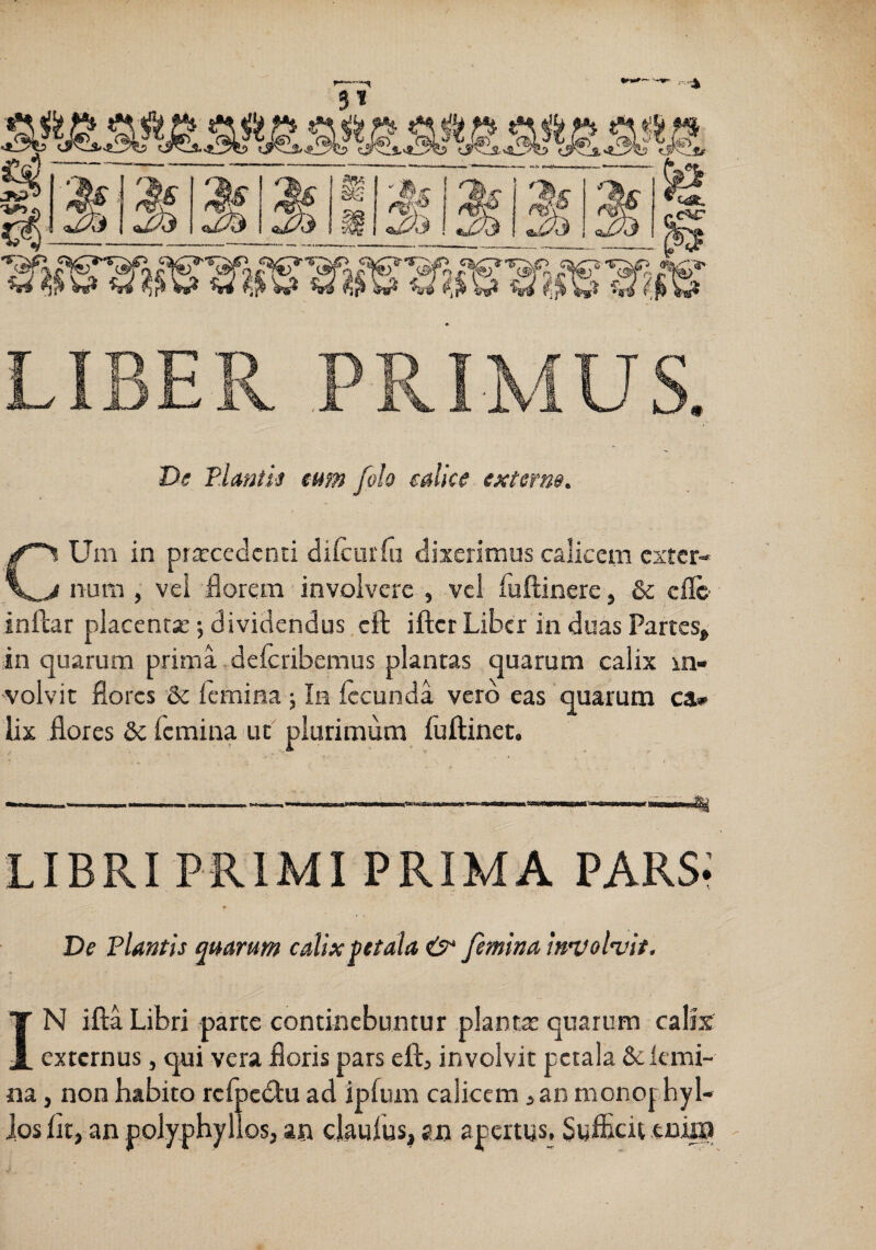 C! Um in prarcedcnd difciiiiii dixerimus calicem exter- t nura , vei florem involvere , vel fuftinere, & eflc' inllar placentie; dividendus .cft ifter Liber in duas Partes^ in quarum prima deferibemus plantas quarum calix in¬ volvit flores & femina j In fecunda vero eas quarum ca¬ lix flores & femina ut plurimum fuftinet. LIBRI PRIMI PRIMA PARS.; De Plantis qmrum calix petala femina Innfolvit. IN ifta Libri .parte continebuntur planta: quarum calix externus, qui vera floris pars eft, involvit petala &lcmi- na, non habito rcfpcdlu ad ipfum calicem a an monoj hyl- ios fit, an polyphyllos, an claufus, an apertus. Sufficit tniia ^