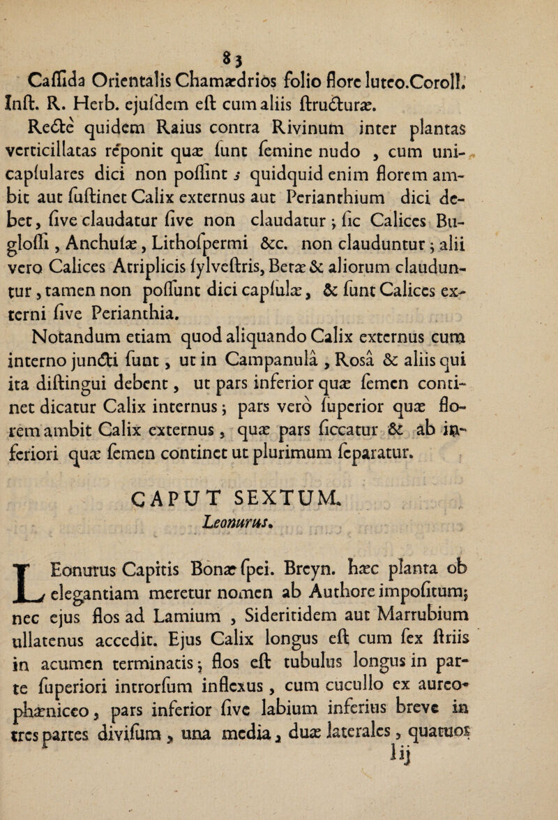 «3 Caflida Orientalis Chamardrids folio flore luteo.CoroIl.’ Inft. R. Herb. ejufdem eft cum aliis ftru^ura;. Re6te quidem Raius contra Rivinum inter plantas vcrticillatas re'ponit qux fune ieminc nudo , cum uni-, caplulares dici non poilint s quidquid enim florem am¬ bit aut fuftinet Calix externus aut Perianthium dici de¬ bet, fi ve claudatur five non claudatur •, fic Calices Bu- glofli, Anchute, Lithofpermi &c. non clauduntur 5 alii vero Calices Atriplicis fylveftris, Beraj & aliorum claudun¬ tur , tamen non poflunt dici caplula:, & funt Calices ex¬ terni five Perianthia. Notandum etiam quod aliquando Calix externus cum interno jundti funt, ut in Campanula , Rosa & aliis qui ita diftingui debent, ut pars inferior qu« lemen conti¬ net dicatur Calix internus; pars vero fuperior quae flo¬ rem ambit Calix externus, qux pars ficcatur St ab in¬ feriori qu^ femen continet ut plurimum Icparatur. CAPUT SEXTUM i • i ‘ Leomms^ \ LEonurus Capitis Bonarfpei. Breyn. b^c planta ob elegantiam meretur nomen ab Authoreimpofitura; nec ejus flos ad Lamium , Sideritidem aut Marrubium ullatenus accedit. Ejus Calix longus efl; cum fex firiis in acumen terminatis j flos eft tubulus longus in par¬ te fuperiori introrlum inflexus, cum cucullo ex aureo- pbaenicco, pars inferior five labium inferius breve in tres partes divifiim , una media 1 duas laterales, quatuos lij