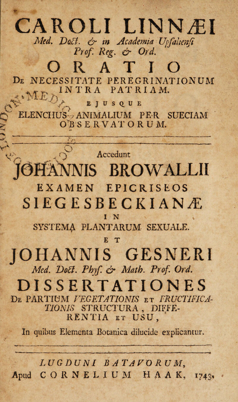 Med. Dati. & m Academia Upfahenfi Prof Reg. & Ord. ORATIO De NECESSITATE PEREGRINATIONUM INTRA PATRI A AI. ^4 v J,- rv / I >» .F X •f f r E J U S a U E C ELENCHUS- 7 ANIMALIUM PE R SUECIAM OBSERVATORUM. Accedunt BROWULLII EXAMEN EP1CR.ISEOS siegesbeckiana: i N SYSTEM^ PLANTARUM SEXUALE. JOHANNI^GESNERI Med. Do£i. Phyf. & Math. Prof. Ord. DISSERTATIONES De PARTIUM VEGETATIONIS et FRUCTIFICA¬ TIONIS STRUCTURA , DIFFE¬ RENTIA et USU, In quibus Elementa Botanica dilucide explicantur. LUGDUNI BATAVORUM, Apud CORNELIUM H A A K, 1743,