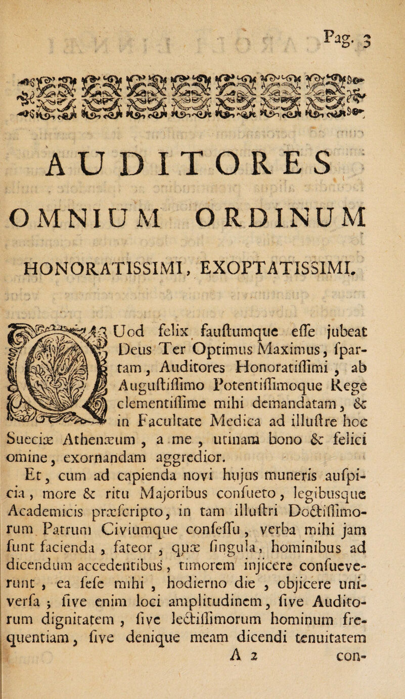 AUDITORES OMNIUM O RDINUM HONORATISSIMI, EXOPTATISSIMI. Uod felix fauftumqiie effe jubeat Deus Ter Optimus Maximus, fpar- tam, Auditores Honoratiflimi , ab Auguftiflimo Potentiffimoque Rege clementiffime mihi demandatam, & in Facultate Medica ad illuftre hcc Suecix Athenteum , a me , urinam bono & felici omine, exornandam aggredior. Et, cum ad capienda novi hujus muneris aufpi- cia , more ritu Majoribus confueto, legibusque Academicis prrefcripto, in tam illuftri Docti [limo¬ rum Patrum Civiumque confeffu , verba mihi jam funt facienda , fateor , qux fingula, hominibus ad dicendum accedentibus, timorem injicere confucve- runt , ea fefe mihi , hodierno die , objicere uni- verfa ; five enim loci amplitudinem, five Audito¬ rum dignitatem , five lectiffimorum hominum fre¬ quentiam , five denique meam dicendi tenuitatem A 2 con-