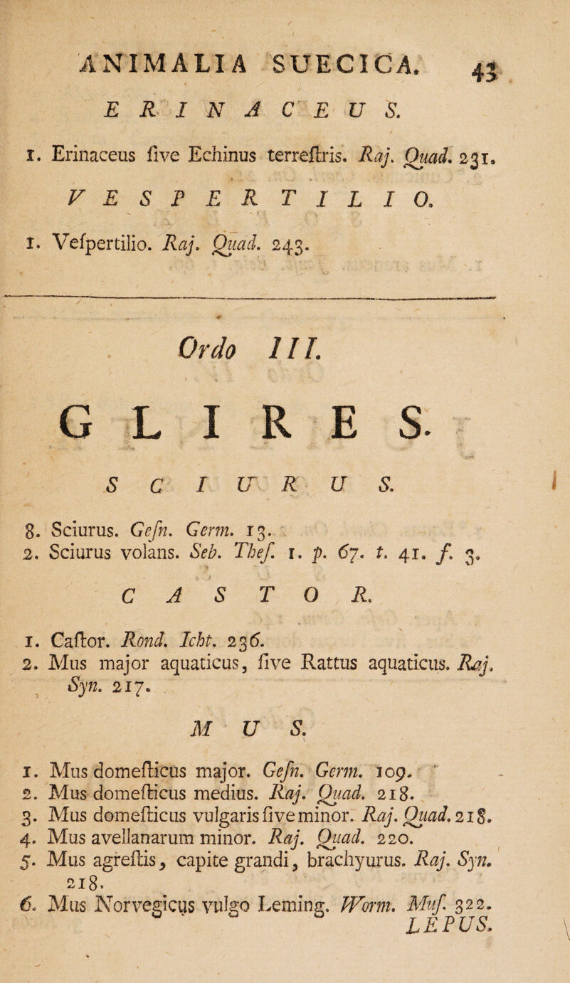 ERINACEUS. 1. Erinaceus five Echinus terreflris. Raj. Ouad. 231. VESPER T I L I 0. x. Vefpertilio. Raj. Qiiad. 243. Ordo III. GLIRES. S C I U R U S. 8. Sciurus. Gefn. Germ. 13. 2. Sciurus volans. Seb. The/ r. p. 67• t. 41. f 3» CASTOR, 1. Caflor. Rond. Icht. 23 6. 2. Mus major aquaticus, live Rattus aquaticus. Raj, Syn. 217. M U S. 1. Mus domefficus major. Gefn. Germ. 109. 2. Mus domefficus medius. R4/. Quad. 218. 3. Mus domefficus vulgarisli^eminor. Raj. Quad. 218* 4. Mus avellanarum minor, i?4/. Oto/. 220. 5. Mus agreffis ^ capite grandi, brachyurus. Raj. Syn, 218. 6Mus Norvegicus vulgo Leming. Worm. Muf 322. LEPUS,