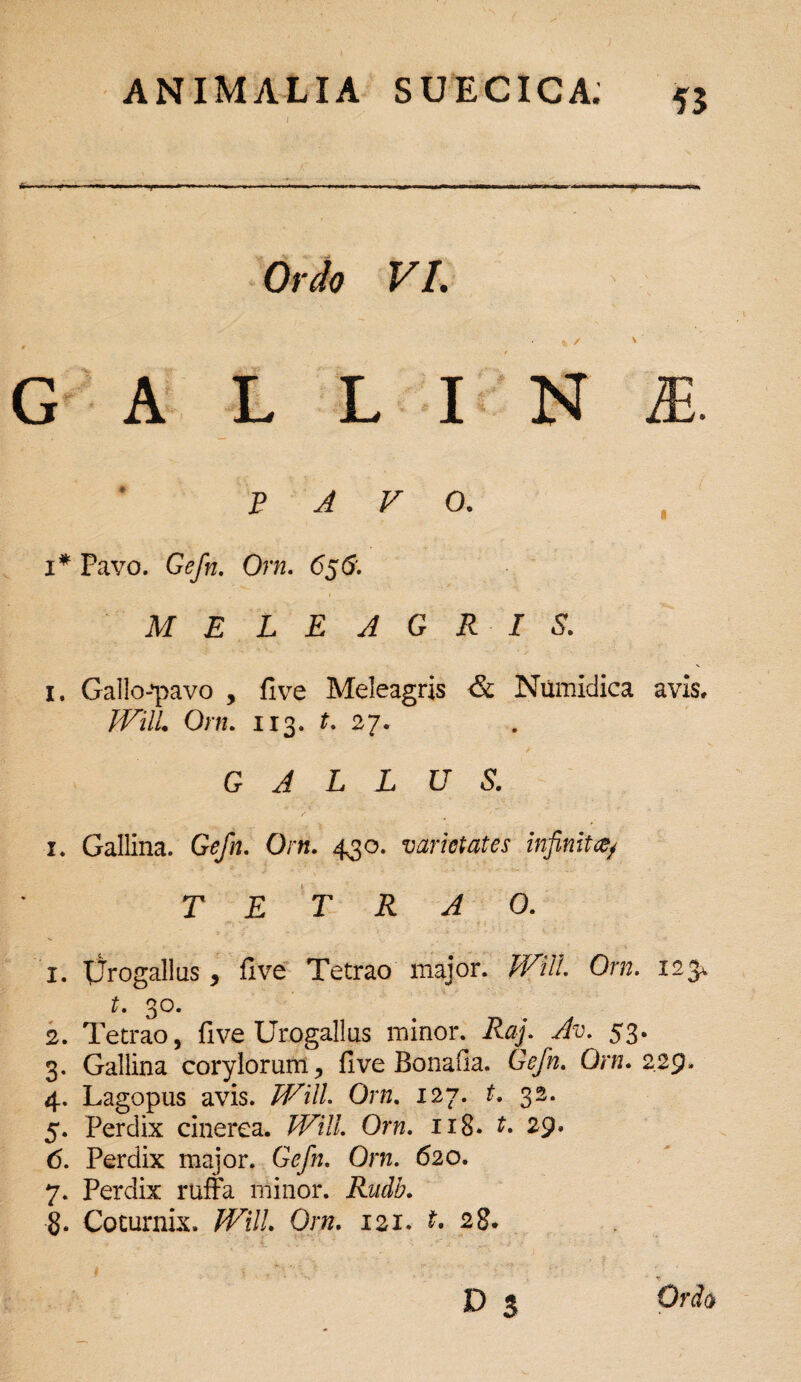 I Ordo VI. E A V 0. 1* Pavo. Gefn. Orn. <5j<5. MELE AGR IS. 1. Gallo-*pavo , flve Meleagris & Numidica avis, JVilL Orn. 113. t. 27. GALLUS. 1. Gallina. Gefn. Orn. 430. varietates infinitfy TETRAO. 1. IJrogallus * fi ve Tetrao major. JVilL Orn. 123, t. 30. 2. Tetrao, five Urogallus minor. Raj. Av. 53. 3. Gallina corylorum, five Bonafia. Gefn. Orn. 229. 4. Lagopus avis. JVilL Orn. 127. t. 32. 5. Perdix cinerea. Will. Orn. 118* t. 29, 6. Perdix major. Gefn. Orn. 620. 7. Perdix ruffa minor. Rudb. 8- Coturnix. JVilL Orn. 121. t. 28.