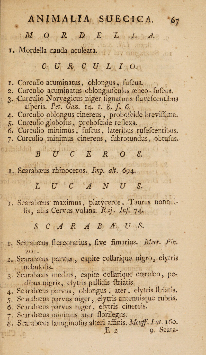 M 0 R D E L L A 1. Mordella cauda aculeata. CURCULIO. 1. Corculio acuminatus, oblongus, fufcus. 2. Curculio acuminatus oblongiufculus seneo - fufcus* 3. Curculio Noryegicus niger lignaturis flavefqentibus afperis. Pet. Gaz. 14. t. 8. /> 6. 4. Curculio oblongas cinereus, probofcide hreviffima, 5. Curculio globoim, probofcide reflexa. 6. Curculio minimus, fufcus, lateribus rufefcentibus. 7. Curculio minimus cinereus, fubrotundus, obtufus, B U C E R O S. 1. Scarabaeus rhinoceros, bnp. ait. 694. LUCANUS. i. Scarabaeus maximus, platyceros, Taurus nonnul¬ lis, aliis Cervus volans. Raj. Inf. 74. 5 C A R A B M U S. 1. Scarabaeus flercorarius, five fimarius. Mcrr. Pln* 20! . 2. Scarabaeus parvus, capite collarique nigro, elytris nebulofis. 3. Scarabaeus medius, capite collarique coeruleo, pe¬ dibus nigris, elytris pallidis (friatis. 4. Scarabaeus parvus, oblongus , ater, elytris (friatis. 5. Scarabaeus parvus niger, elytris antennisque rubris, 6. Scarabaeus parvus niger, elytris cinereis. 7. Scarabaeus minimus ater florilegus. 8. Scarabaeus lanuginofus alteri affinis. Mouff, Lat. \ 6o* JE z 9. Scara-