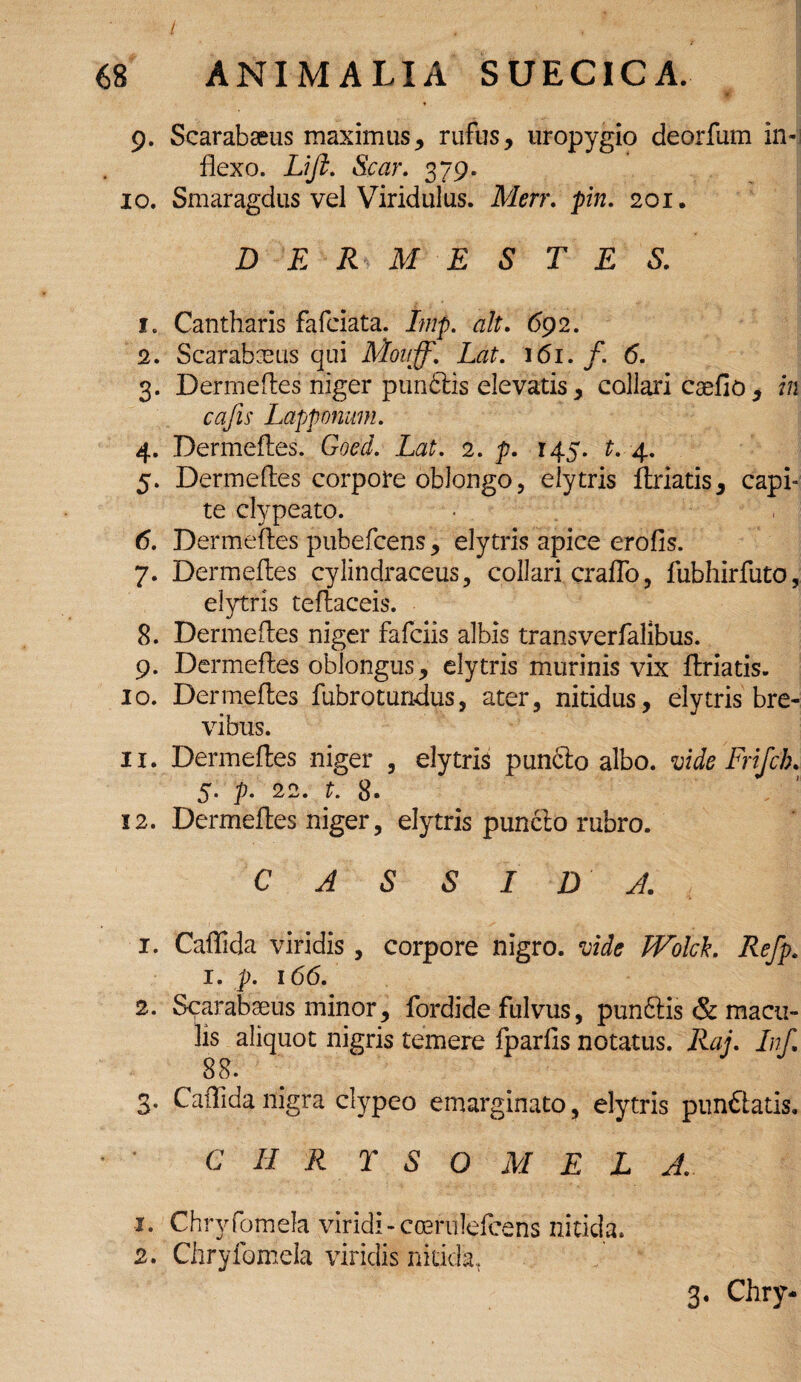 9. Scarabaeus maximus, rufus, uropygio deorfum in¬ flexo. Liji. Scar. 379. 10. Smaragdus vel Viridulus. Merr. pin. 201. D E R M E S T E S. 1. Cantharis fafciata. Imp. ait. 692. 2. Scarabaeus qui Mouff. Lat. 161./. 6. 3. Dermeftes niger pundlis elevatis, collari caefio, in cajis Lappvnum. 4. Dermeftes. GW/. 2. p. 145. r. 4. 5. Dermeftes corpore oblongo, elytris ftriatis, capi- te clypeato. 6. Dermeftes pubefcens, elytris apice erofis. 7. Dermeftes cylindraceus, collari craffo, fubhirfuto, elytris teftaceis. 8. Dermeftes niger fafciis albis transverfalibus. 9. Dermeftes oblongus, elytris murinis vix ftriatis. 10. Dermeftes fubrotundus, ater, nitidus, elytris bre¬ vibus. 11. Dermeftes niger , elytris pundto albo, vide Frifch. 5. p. 22. t. 8. 12. Dermeftes niger, elytris punclo rubro. CASSIDA. 1. Caflida viridis, corpore nigro, vide JVolck. Refp. 1. p. 166. 2. Scarabaeus minor, fordide fuivus, punftis & macu¬ lis aliquot nigris temere fparfls notatus. Raj. Inf. 88* 3. Caflida nigra clypeo emarginato, elytris punftatis. C H R T S O M E L A.. 1. Chrvfomela viridi - ccerulefcens nitida. 2. Chryfomela viridis nitida. 3. Chry-