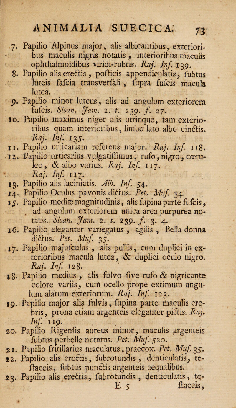71 7. Papilio Alpinus major, alis albicantibus, exteriori¬ bus maculis nigris notatis, interioribus maculis ophthalmoidibus viridi-rubris. Raj. Inf 139. 8. Papilio alis eredtis, pofticis appendicularis, fubtus luteis fafcia transverfali , fupra fufcis macula lutea. 9. Papilio minor luteus, alis ad angulum exteriorem fufcis. Sloan. Jam. 2. t. 239. f. 27. 10. Papilio maximus niger alis utrinque, tam exterio¬ ribus quam interioribus, limbo lato albo cindtis. Raj. Inf. 135. ir. Papilio urticariam referens major. Raj. Inf. 118. 12. Papilio urticarius vulgatillimus, rufo, nigro, coeru¬ leo, & albo varius. Raj. Inf 117. Raj. Inf 1x7. 13. Papilio alis laciniatis. Alb. Inf 54. 14. Papilio Oculus pavonis didtus. Pet. Mnf 34. 1$. Papilio mediae magnitudinis, alis fupinaparte fulcis, ad angulum exteriorem unica area purpurea no¬ tatis. Sio an. Jam. 2. t. 239. /. 3. 4. l<5. Papilio eleganter variegatus , agilis , Bella donna dictus. Pet. Mnf 35. 17. Papilio majufculus , alis pullis, cum duplici in ex¬ terioribus macula lutea, & duplici oculo nigro. Raj. Inf. 128. 18- Papilio medius , alis fulvo fi ve rufo & nigricante colore variis, cum ocello prope extimum angu¬ lum alarum exteriorum. Raj. Inf 123. 19. Papilio major alis fulvis, fupina parte rtiaculis cre¬ bris , prona etiam argenteis elegatiter pidtis. Raj, Inf 119. 20. Papilio Rigenfis aureus minor, maculis argenteis fubtus perbelle notatus. Pet. Mnf 520, 21. Papilio fritillarius maculatus, praecox. Pet. Muf 35. 22. Papilio alis eredtis, fubrotundis , denticulatis, te- ftaceis, fubtus pundtis argenteis aequalibus. 23. Papilio alis eredtis, fubrotundis, denticulatis , te- E 5 ftaceis,