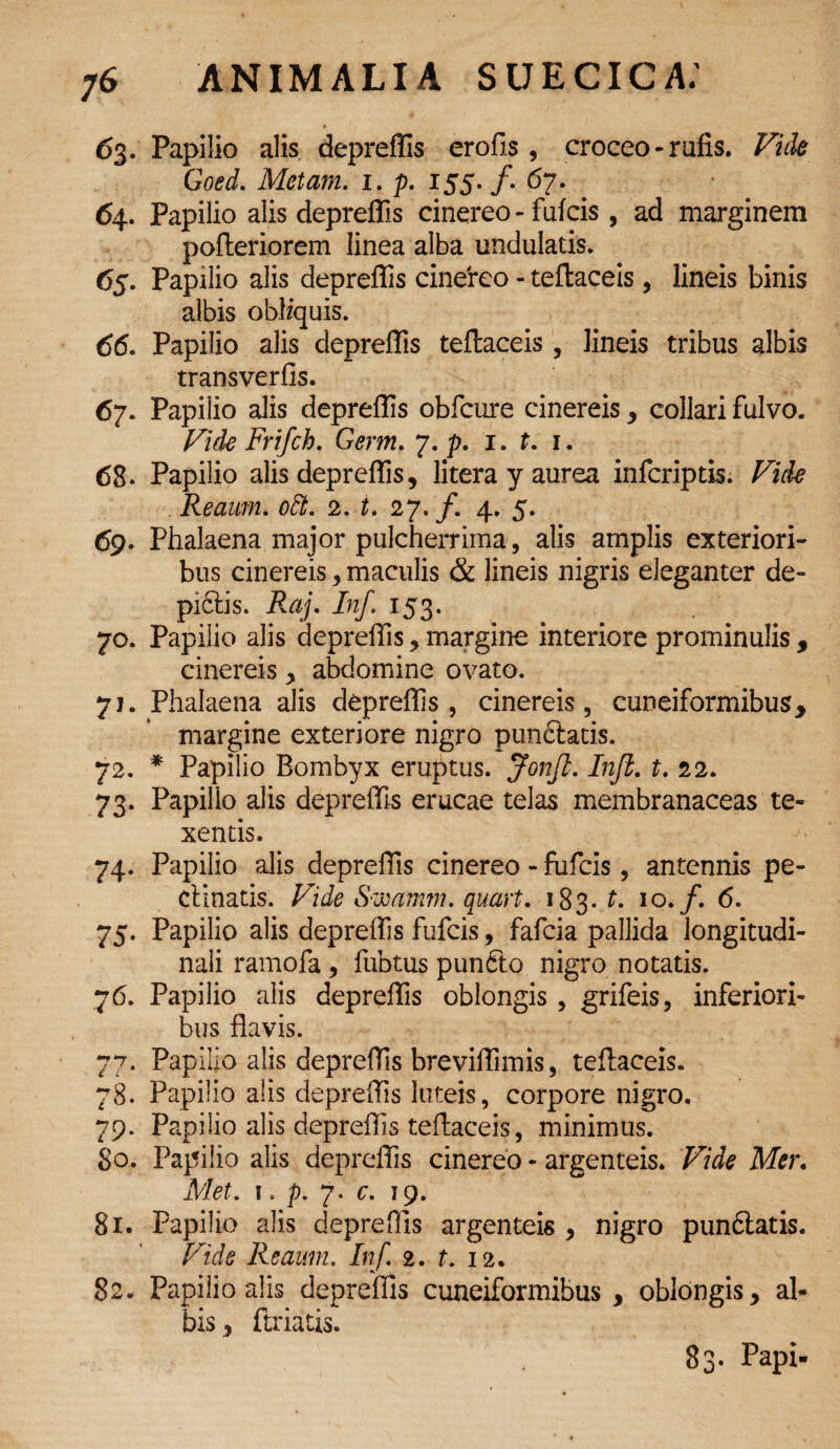 63. Papilio alis depreffis erofis, croceo - rufis. Vide Goed. Metam. 1. p. 155. /. 67. 64. Papilio alis depreffis cinereo - fufcis, ad marginem pofteriorem linea alba undulatis. 65. Papilio alis depreffis cine'reo - teflaceis, lineis binis albis obliquis. 66. Papilio alis depreffis teflaceis, lineis tribus albis transvertis. 67. Papilio alis depreffis obfcure cinereis , collari fulvo. Vide Frifch. Germ. 7. p. 1. t. 1. 68. Papilio alis depreffis , litera y aurea infcriptis. Vide . Reaum. odb. 2. i. 27./. 4. 5. 69. Phalaena major pulcherrima, alis amplis exteriori¬ bus cinereis, maculis & lineis nigris eleganter de¬ pictis. Raj. Inf. 153. 70. Papilio alis depreffis , margine interiore prominulis, cinereis , abdomine ovato. 71. Phalaena alis depreffis, cinereis, cuneiformibus* margine exteriore nigro punctatis. 72. * Papilio Bombyx eruptus. Jonft. Inji. t. 22. 73. Papillo alis depreffis erucae telas membranaceas te¬ xentis. 74. Papilio alis depreffis cinereo - fufcis, antennis pe¬ ctinatis. Vide Swamm. quart. 183 .t. 10./. 6. 75. Papilio alis depreffis fufcis, fafcia pallida longitudi¬ nali ramofa, fubtus punfto nigro notatis. 76. Papilio alis depreffis oblongis, grifeis, inferiori¬ bus flavis. 77. Papilio alis depreffis breviffimis, teflaceis. 78. Papilio alis depreffis luteis, corpore nigro. 79. Papilio alis depreffis teflaceis, minimus. 80. Papilio alis depreffis cinereo - argenteis. Vide Mer. Met. i. p. 7. c. 19. 81. Papilio alis depreffis argenteis , nigro pun6latis. Vide Reaum. Inf. 2. t. 12. 82. Papilio alis depreffis cuneiformibus , oblongis, al¬ bis, furiatis. 83. Papi-