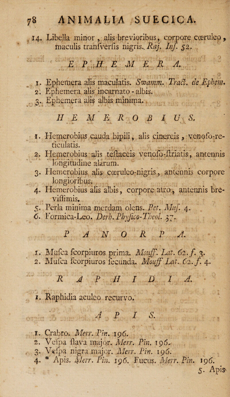 . 14. Libella minor , alis brevioribus, corpore coeruleo , maculis tranfverfis nigris.. Raj, Inf. 52. E P II E M ERA. 1. Ephemera alis maculatis. Swamm. Tract. de Efnem* 2. Ephemera alis incarnato - albis. 3. Ephemera alis albis minima. II E M E R 0 B I U S. 1. Hemerobius cauda bipili, alis cinereis * venofo-re- ticulatis. 2. Hemerobius alis teftaceis venofo-ilriatis, antennis longitudine alarum. 3. Hemerobius alis coerulcomigris, antennis corpore longioribus. 4. Hemerobius alis albis, corpore atro 3 antennis br£- viffimis. 5. Perla minima merdam olens. Pet. Muf. 4. 6. Formica-Leo. Dcrh. Phyfico-TheoL .37. P A N 0 R P A. i* Mtifca fcorpiuros prima. Mouff. Lat. 62. f. 3. 2. Mulca fcorpiuros fecunda. Mouff Lat. 62./. 4. ■ R A P II I D 1 A. 1. Raphidia aculeo recurvo. 4 P I S. 1. Crabro. Merr. Pin. 196. 2. Vefpa flava major. Merr. Pin. 196. 3. Vefpa nigra major. Merr. Pin. 196. 4. * Apis. Merr. Pin. 196. Fucus. Merr. Pin. 196.