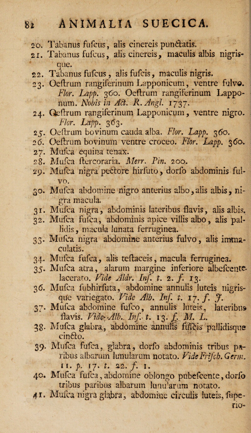 20. Tabanus fufcus, alis cinereis pundatis. 21. Tabanus fufcus, alis cinereis, maculis albis nigris¬ que. 22. Tabanus fufcus, alisfufcis, maculis nigris. 23. Oeftrum rangiferinum Lapponicum, ventre fulvo. Flor. Lapp. 360. Oeftrum rangiferinum Lappo- num. Nobis in Abi. R. Angi. 1737. 24. Oeftrum rangiferinum Lapponicum, ventre nigro. jFlor. Lapp. 363. 25. Oeftrum bovinum cauda alba. Flor. Lapp. 360. 26. Oeftrum bovinum ventre croceo. Flor. Lapp. 360» 27. Mufca equina tenax. 28. Mufca ftercoraria. Merr. Pin. 200. 29. Mufca nigra pedore hirfuto, dorfo abdominis ful¬ vo. 30. Mufca abdomine nigro anterius albo,alis albis, ni¬ gra macula. 31. Mufca nigra, abdominis lateribus flavis, alis albis. 32. Mufca fufca, abdominis apice villis albo, alis pal¬ lidis, macula lunata ferruginea. 33. Mufca nigra abdomine anterius fulvo, alis imma¬ culatis. 34. Mufca fufca, alis teftaceis, macula ferruginea. 35. Mufca atra, alarum margine inferiore albefcente- lacerato. Fide Aldr. Inf. t. 2. f. 13. 3 6. Mufca fubhirfuta, abdomine annulis luteis nigris- que variegato. Vide Alb. Inf. t. 17. /. J. 37. Mufca abdomine fufco, annulis luteis, lateribus flavis. Vide?'Alb.. Inf.* t. 13. jf, M. L. 33. Mufca glabra., abdomine annulis filleis pallidisque cinfto. 39. Mufca fufca, glabra, dorfo abdominis tribus pa¬ ribus albarum lunularum notato. VidcFnJch. Germ. 11. p. 17. t. 22. /. 1. 40. Mufca fufca, abdomine oblongo pnbefcente, dorfo tribus paribus albarum lunularum notato.